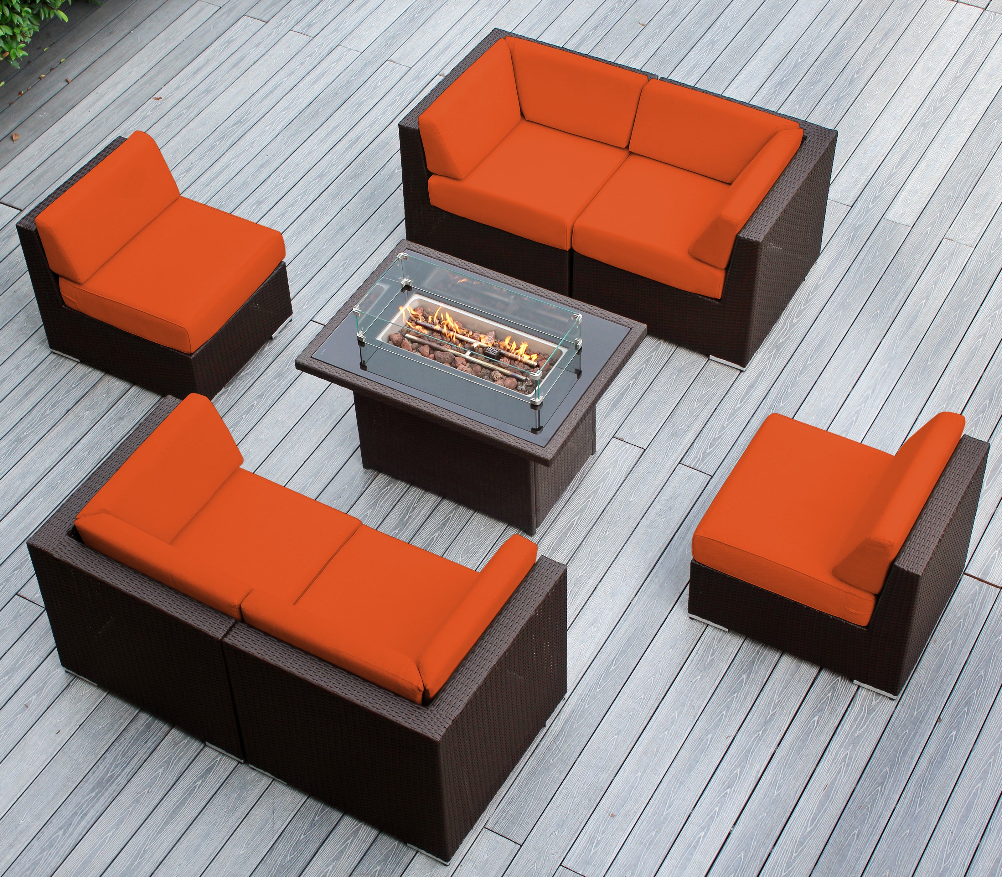 Rainshield Patio Furniture - Ohana 7 Piece Sectional with 6" Cushions and 42" Fire Table