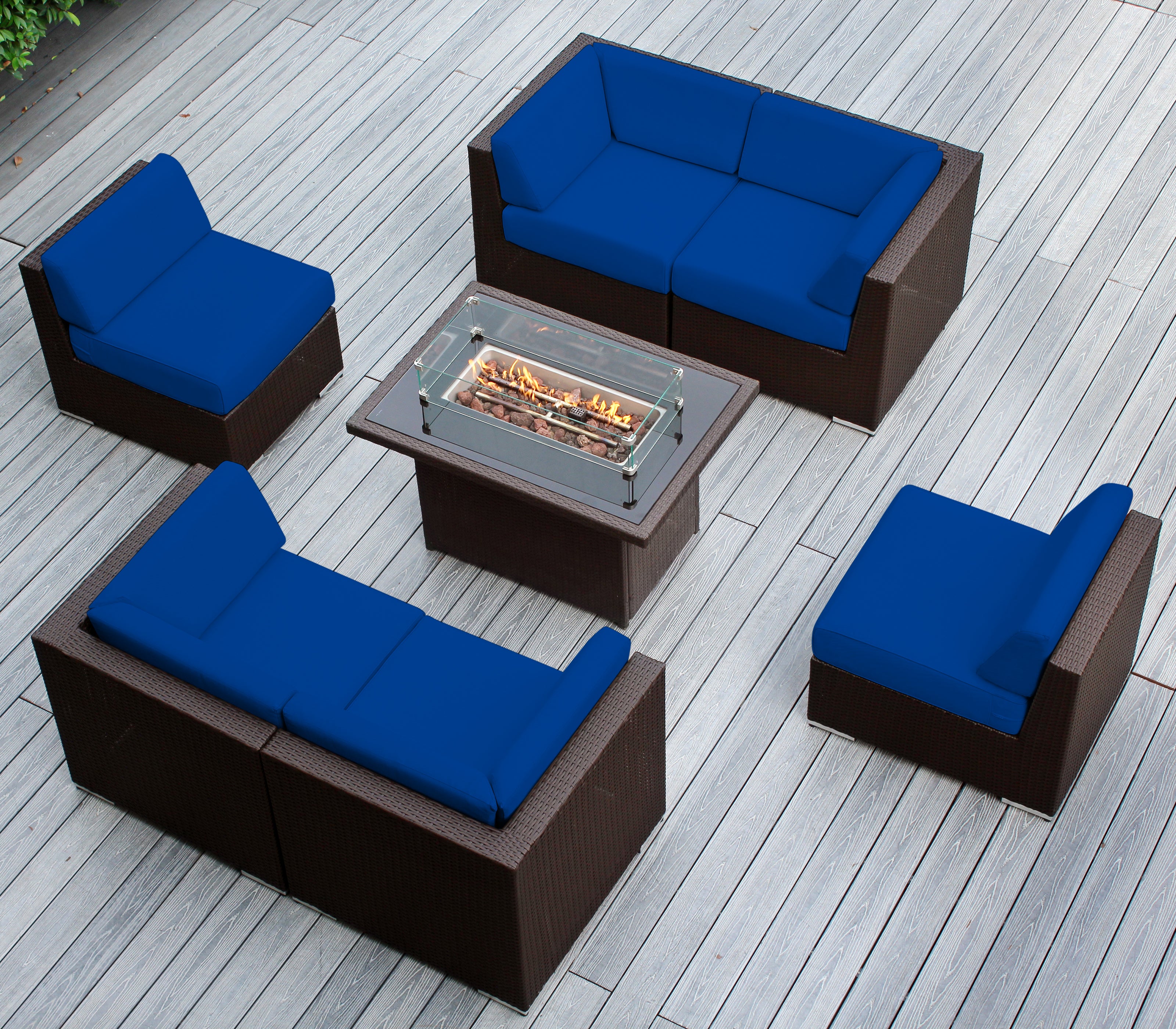 Rainshield Patio Furniture - Ohana 7 Piece Sectional with 6" Cushions and 42" Fire Table