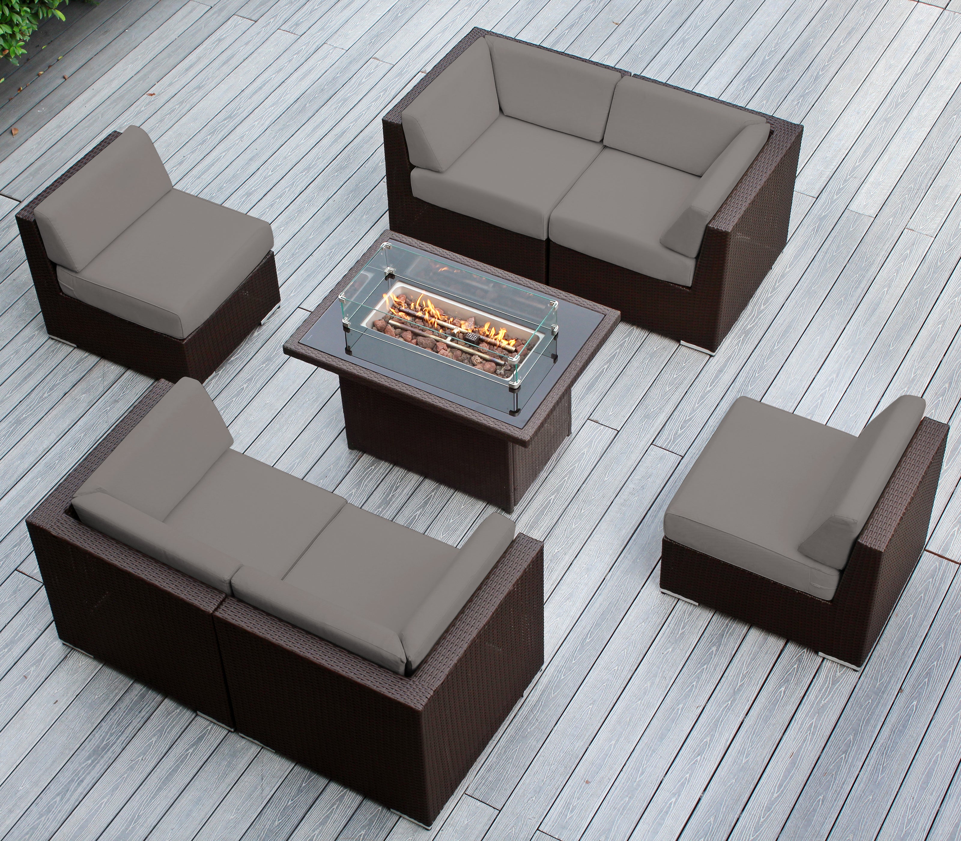 Rainshield Patio Furniture - Ohana 7 Piece Sectional with 6" Cushions and 42" Fire Table