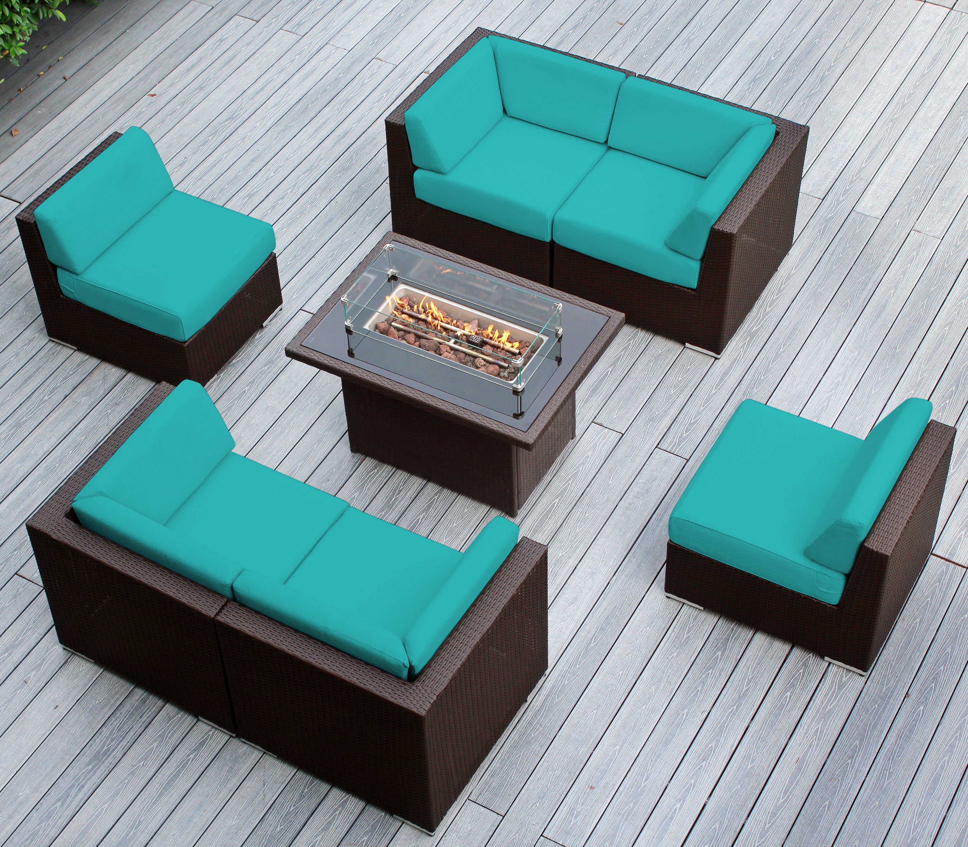 Rainshield Patio Furniture - Ohana 7 Piece Sectional with 6" Cushions and 42" Fire Table