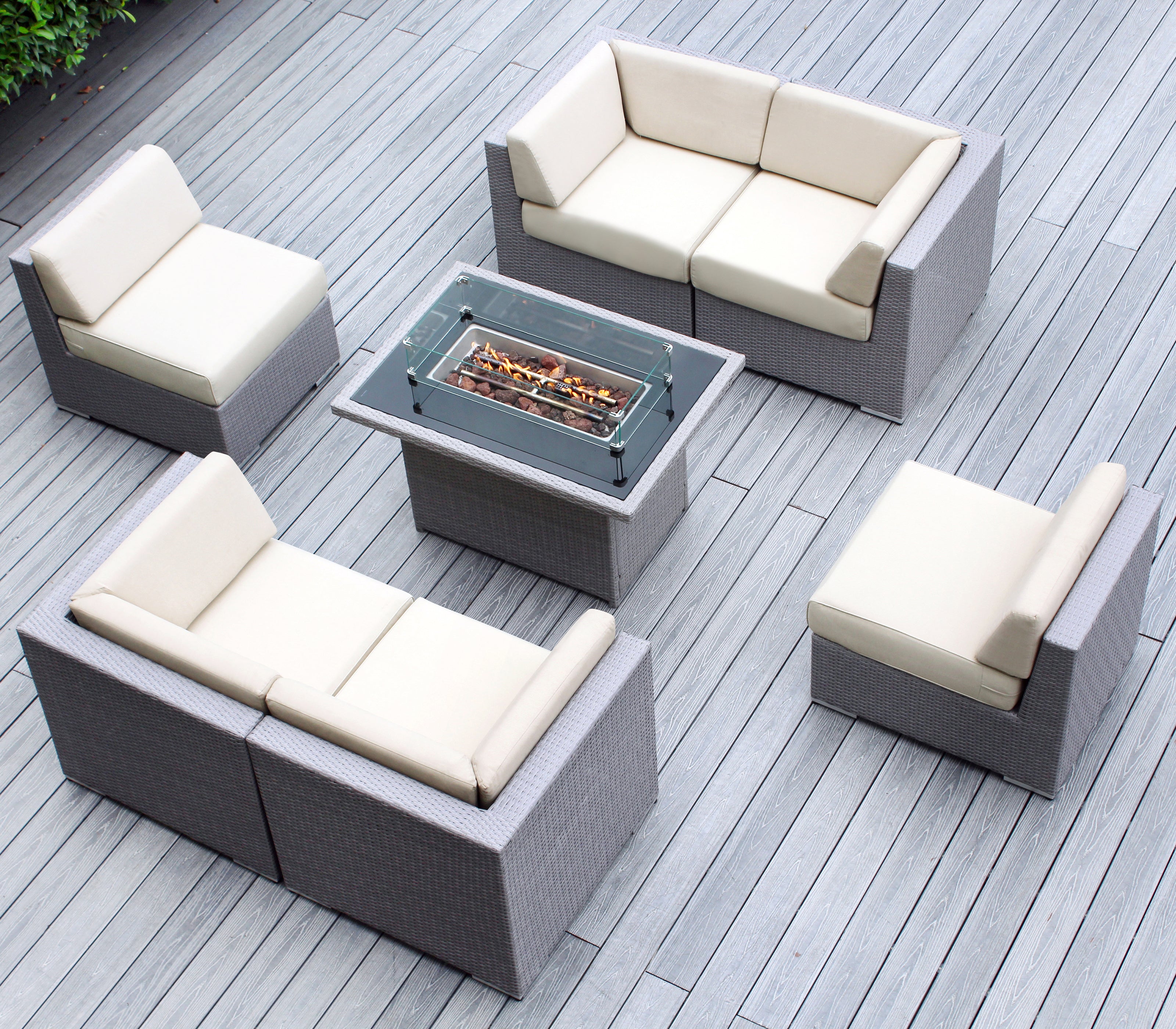 Rainshield Patio Furniture - Ohana 7 Piece Sectional with 6" Cushions and 42" Fire Table