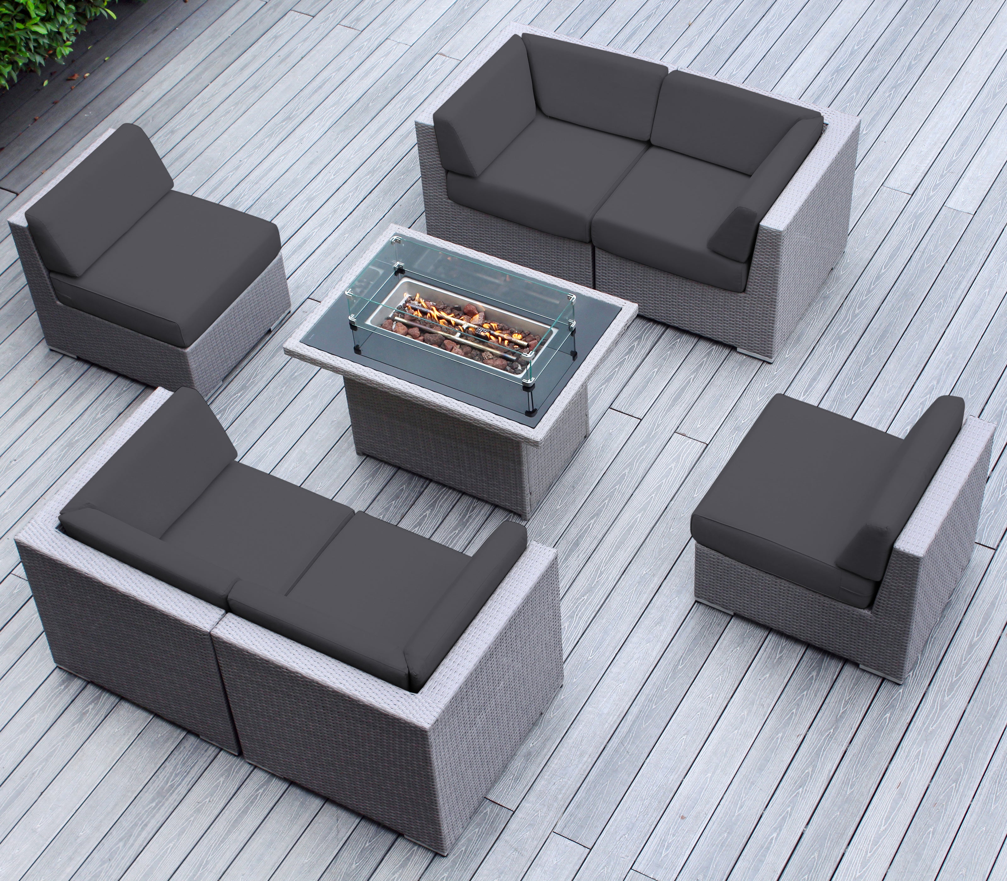 Rainshield Patio Furniture - Ohana 7 Piece Sectional with 6" Cushions and 42" Fire Table