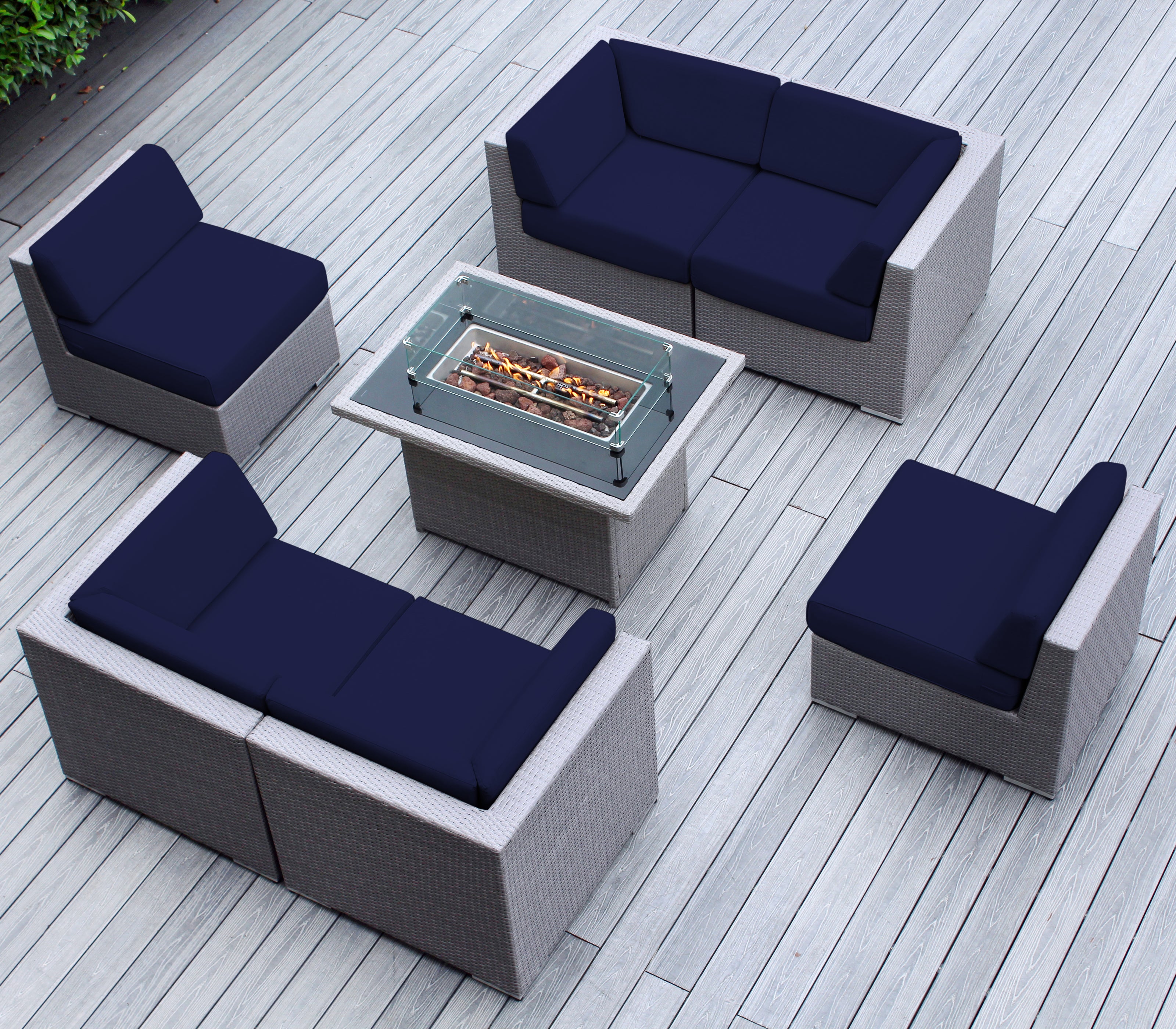 Rainshield Patio Furniture - Ohana 7 Piece Sectional with 6" Cushions and 42" Fire Table