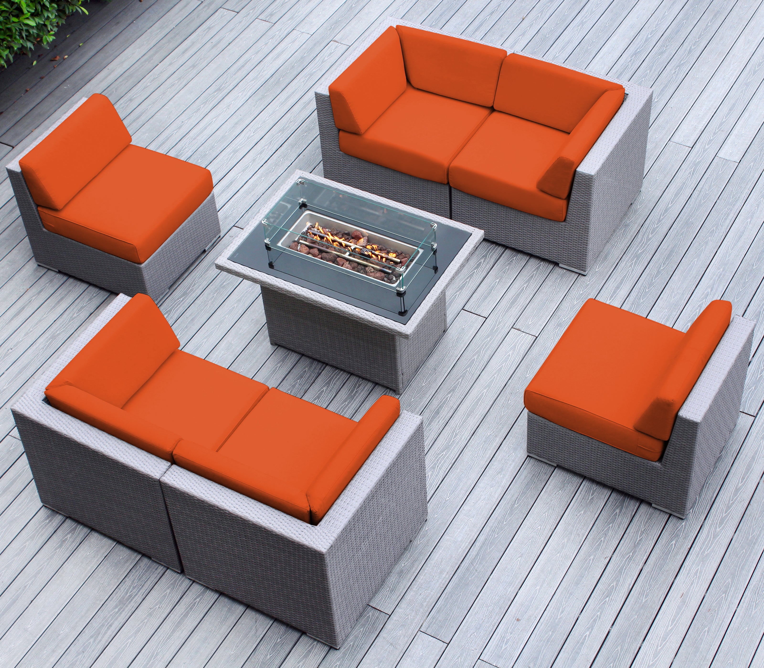 Rainshield Patio Furniture - Ohana 7 Piece Sectional with 6" Cushions and 42" Fire Table