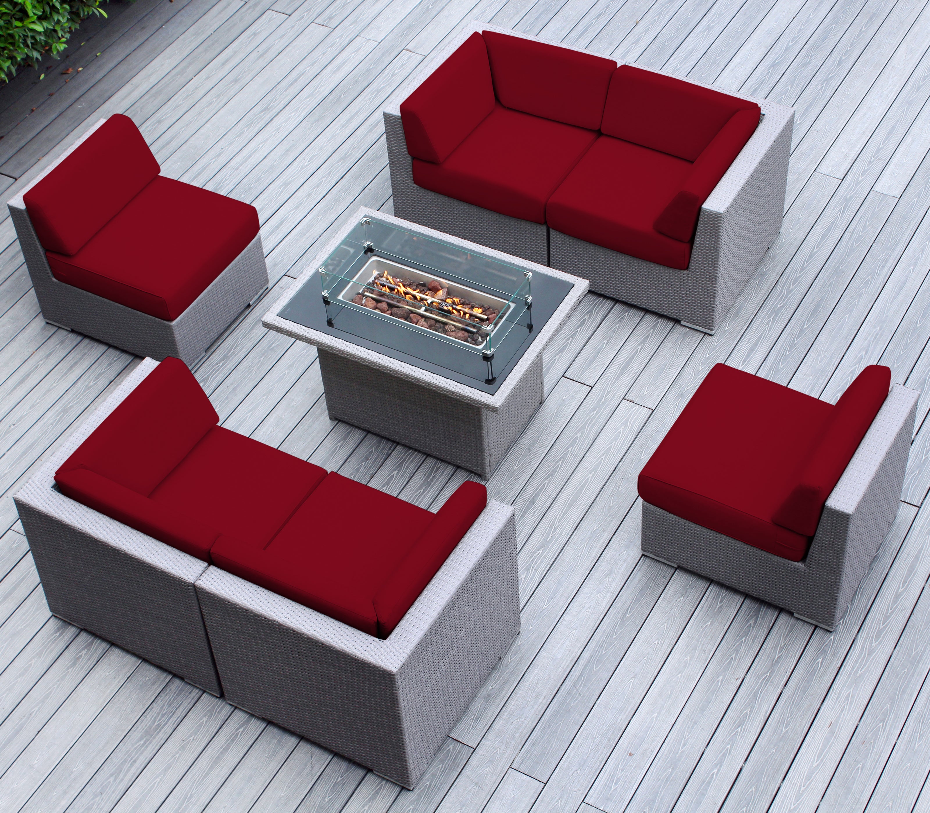 Rainshield Patio Furniture - Ohana 7 Piece Sectional with 6" Cushions and 42" Fire Table