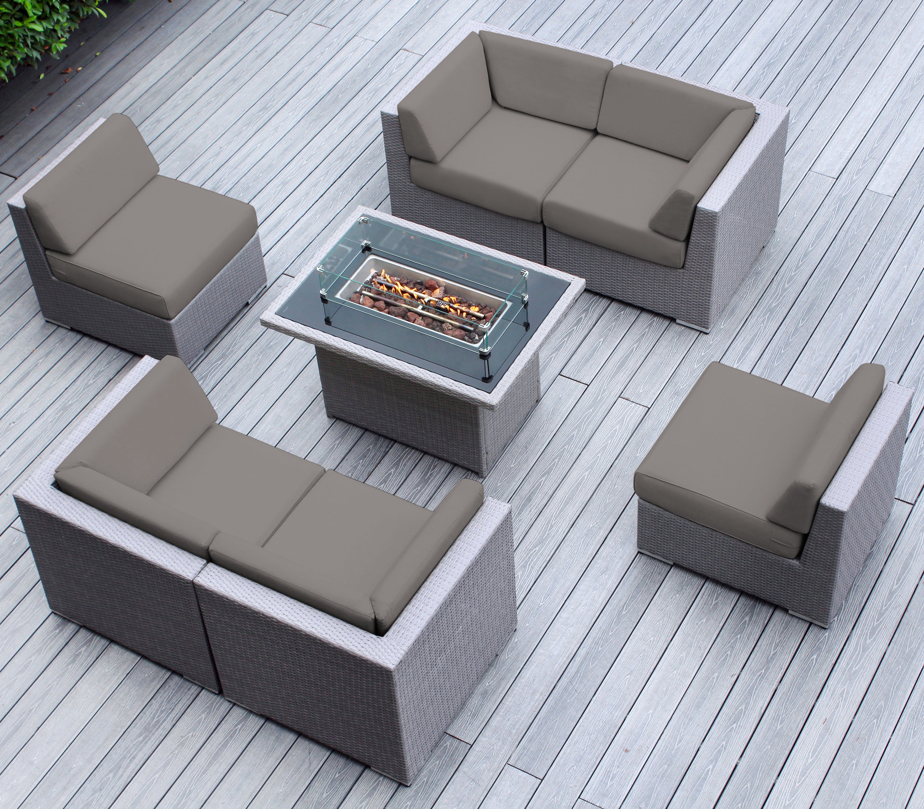 Rainshield Patio Furniture - Ohana 7 Piece Sectional with 6" Cushions and 42" Fire Table