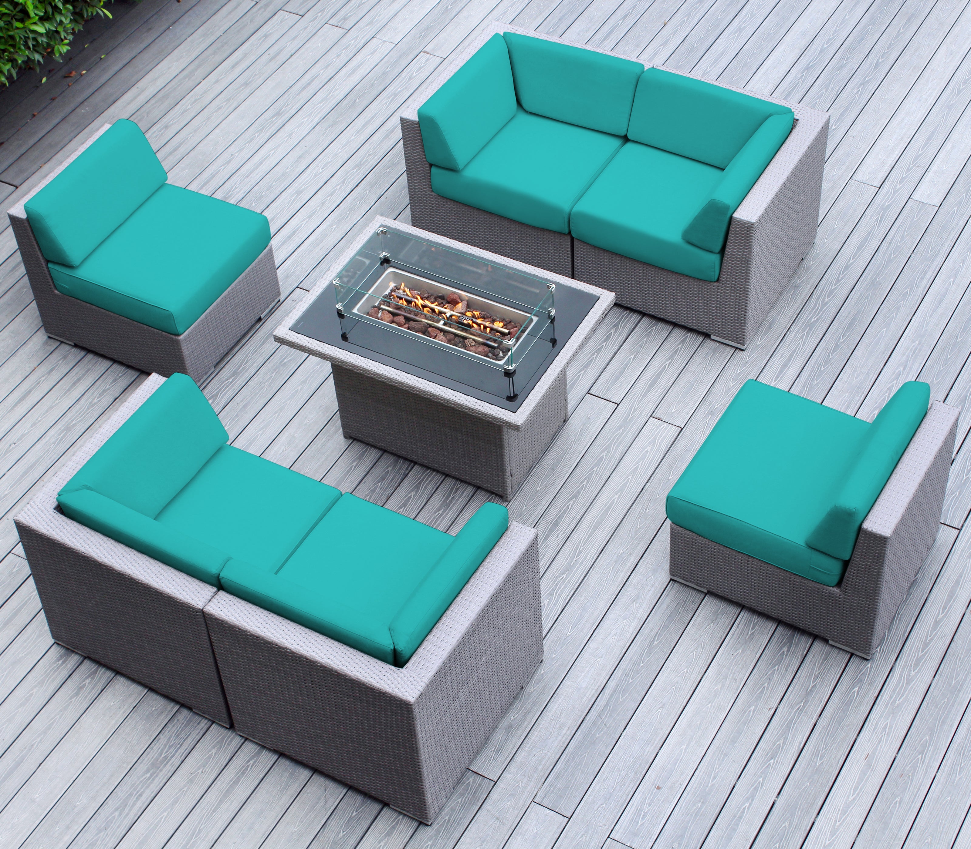 Rainshield Patio Furniture - Ohana 7 Piece Sectional with 6" Cushions and 42" Fire Table