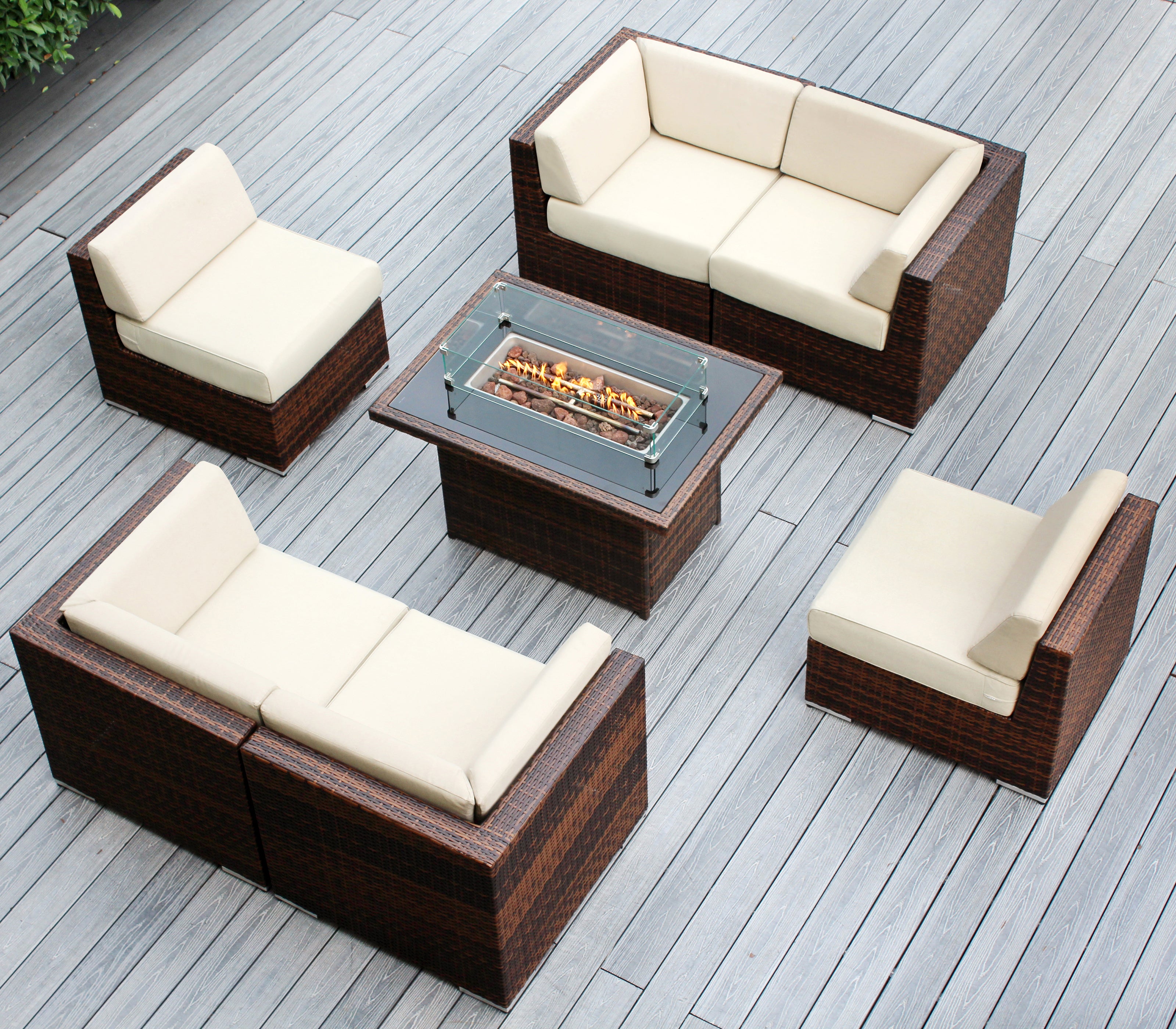 Rainshield Patio Furniture - Ohana 7 Piece Sectional with 6" Cushions and 42" Fire Table
