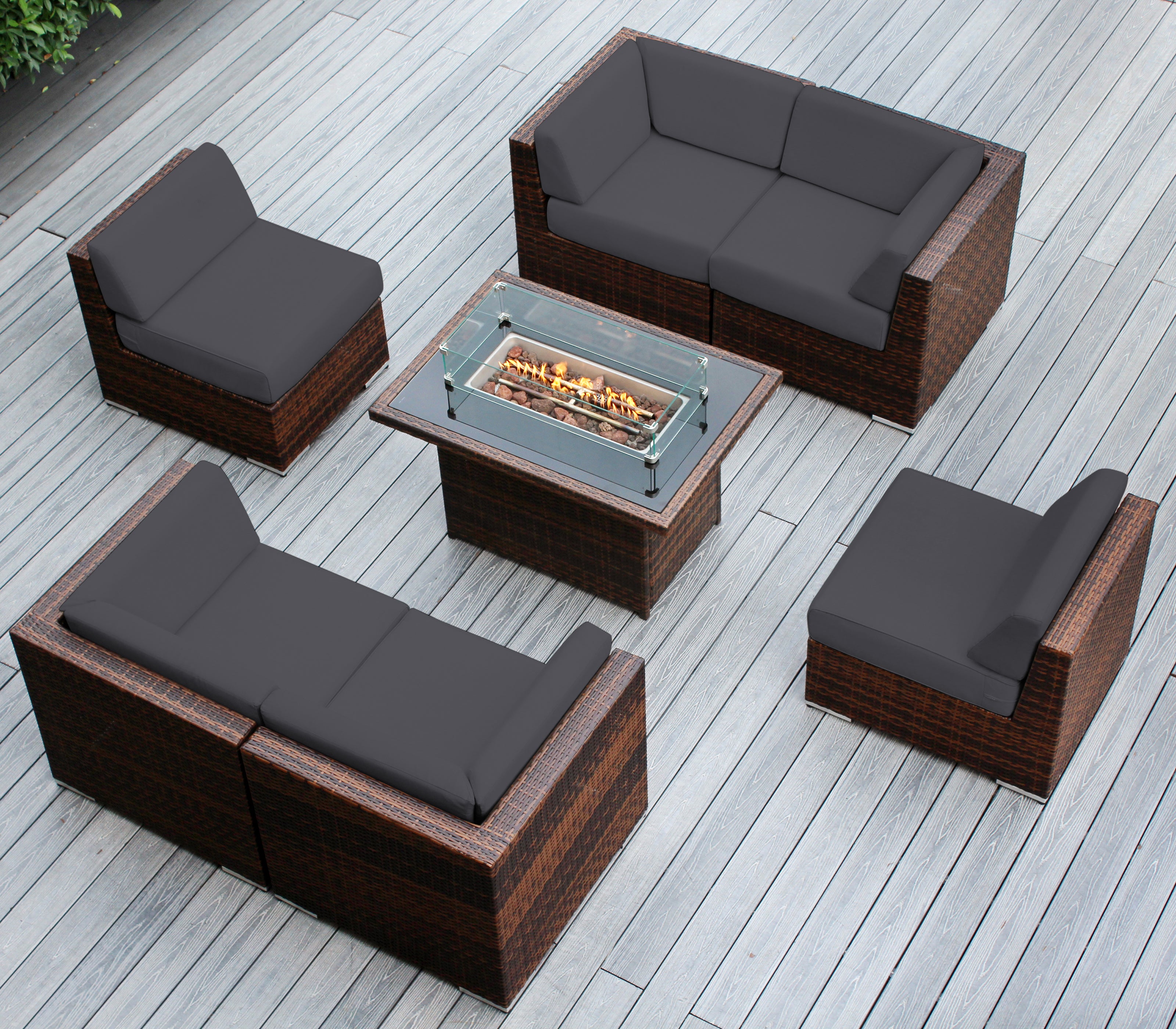Rainshield Patio Furniture - Ohana 7 Piece Sectional with 6" Cushions and 42" Fire Table