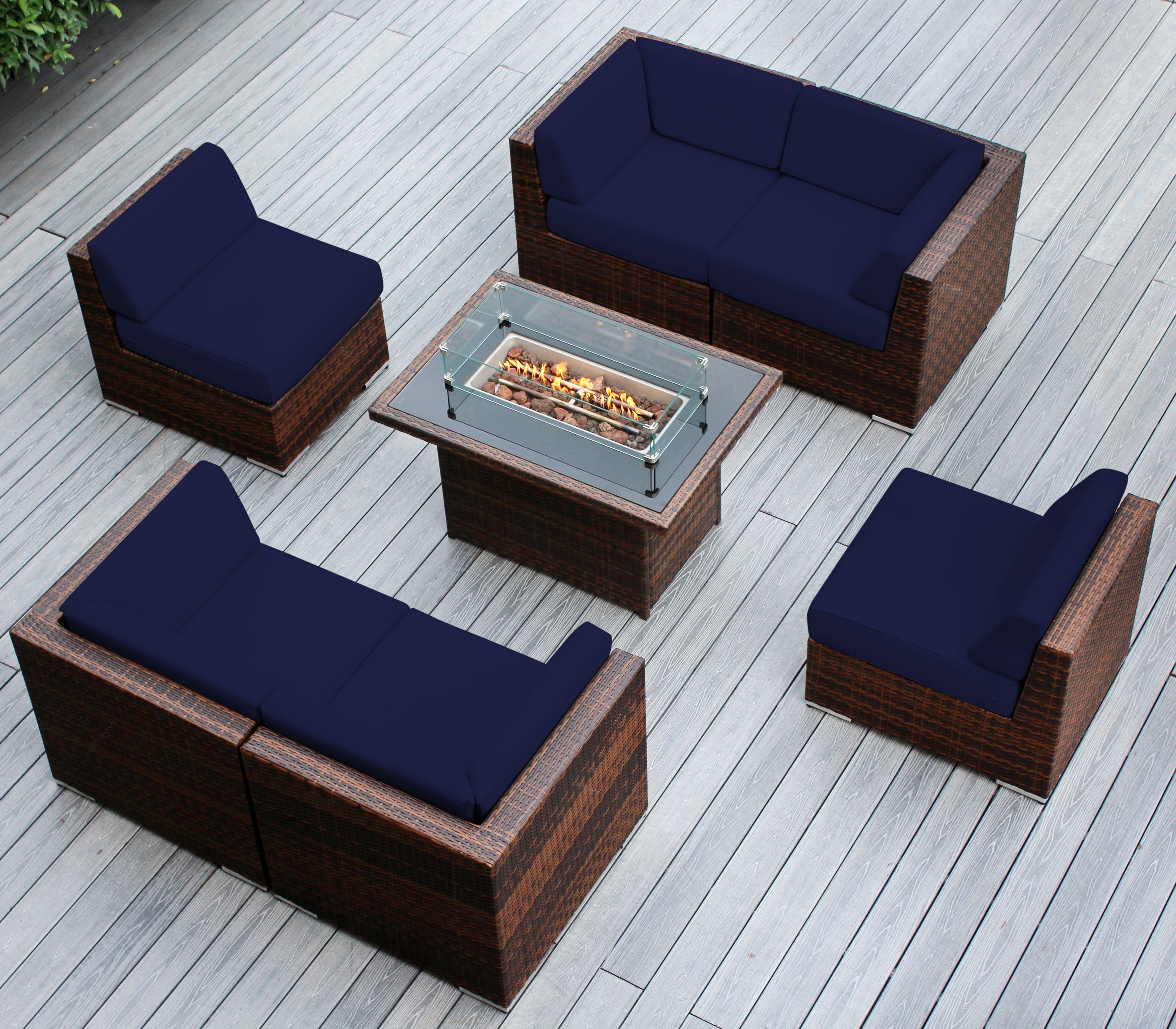 Rainshield Patio Furniture - Ohana 7 Piece Sectional with 6" Cushions and 42" Fire Table