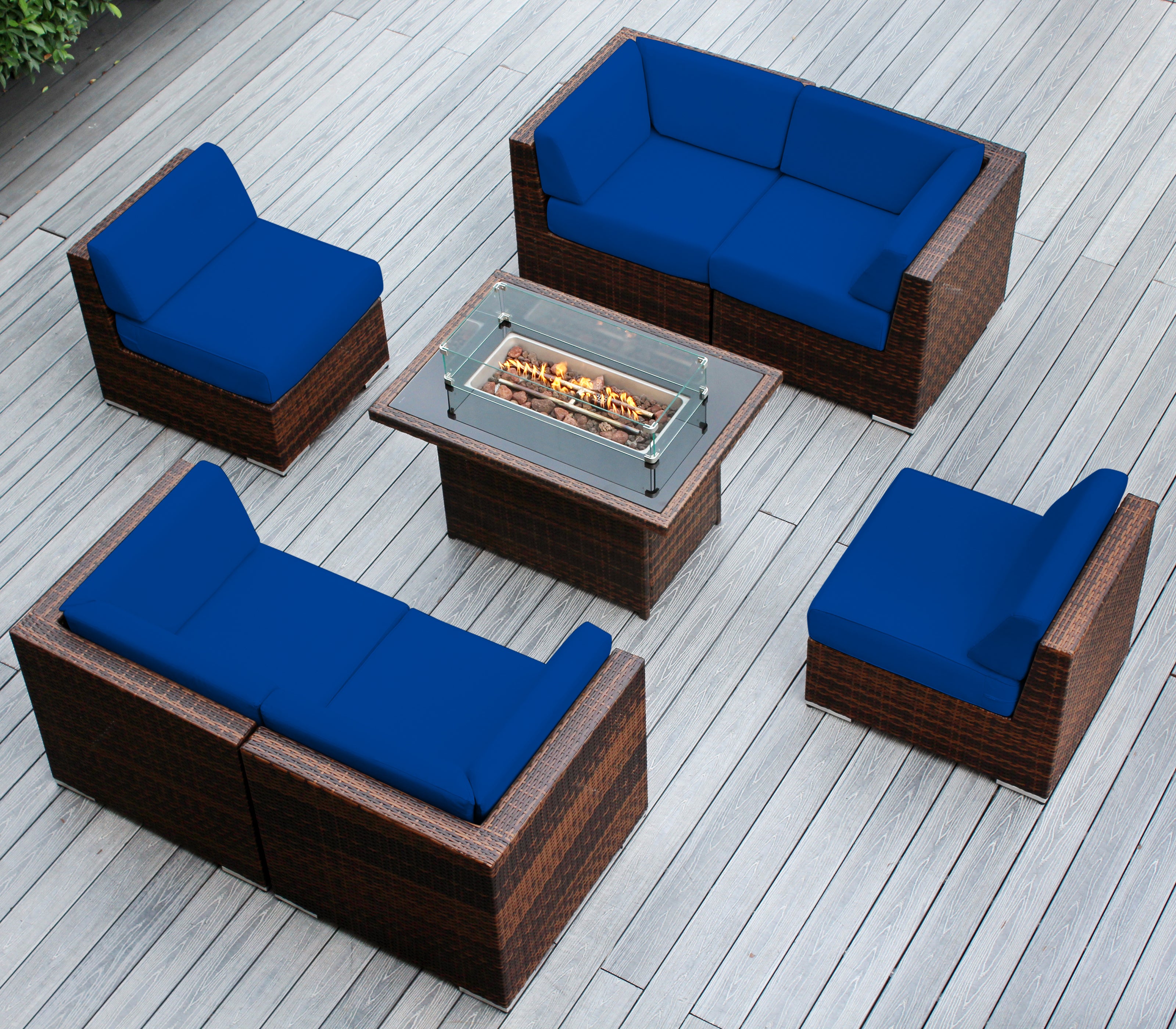 Rainshield Patio Furniture - Ohana 7 Piece Sectional with 6" Cushions and 42" Fire Table