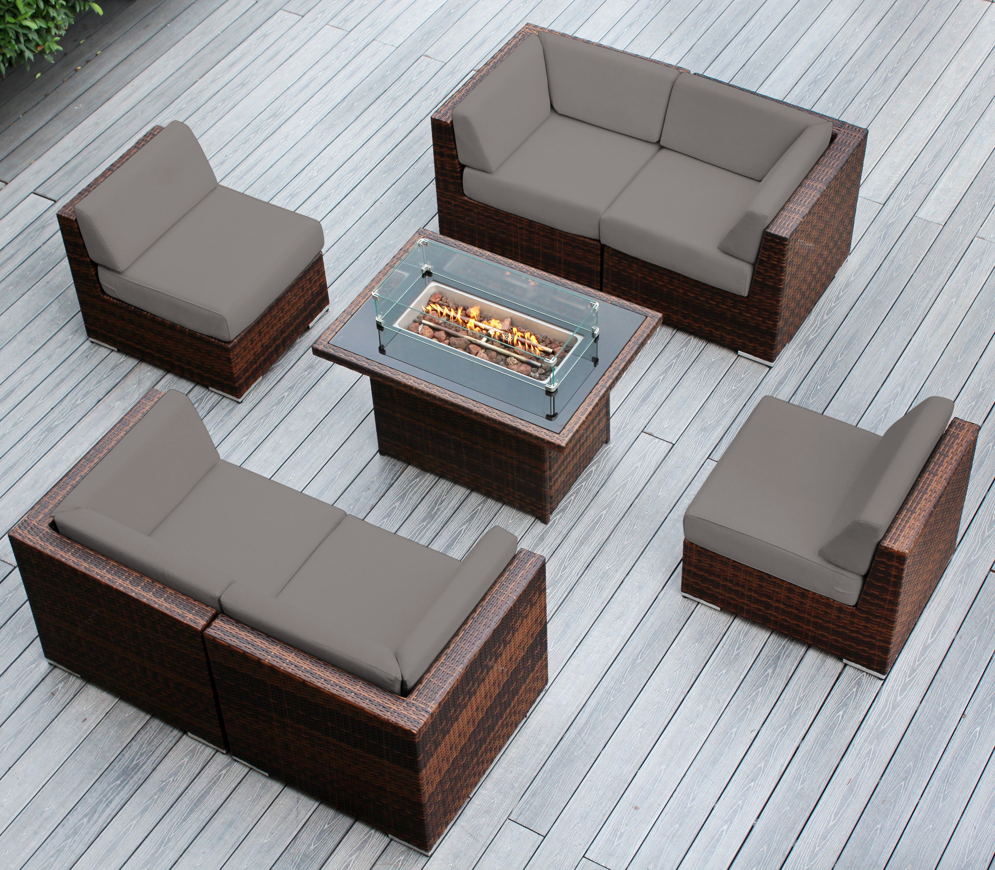 Rainshield Patio Furniture - Ohana 7 Piece Sectional with 6" Cushions and 42" Fire Table