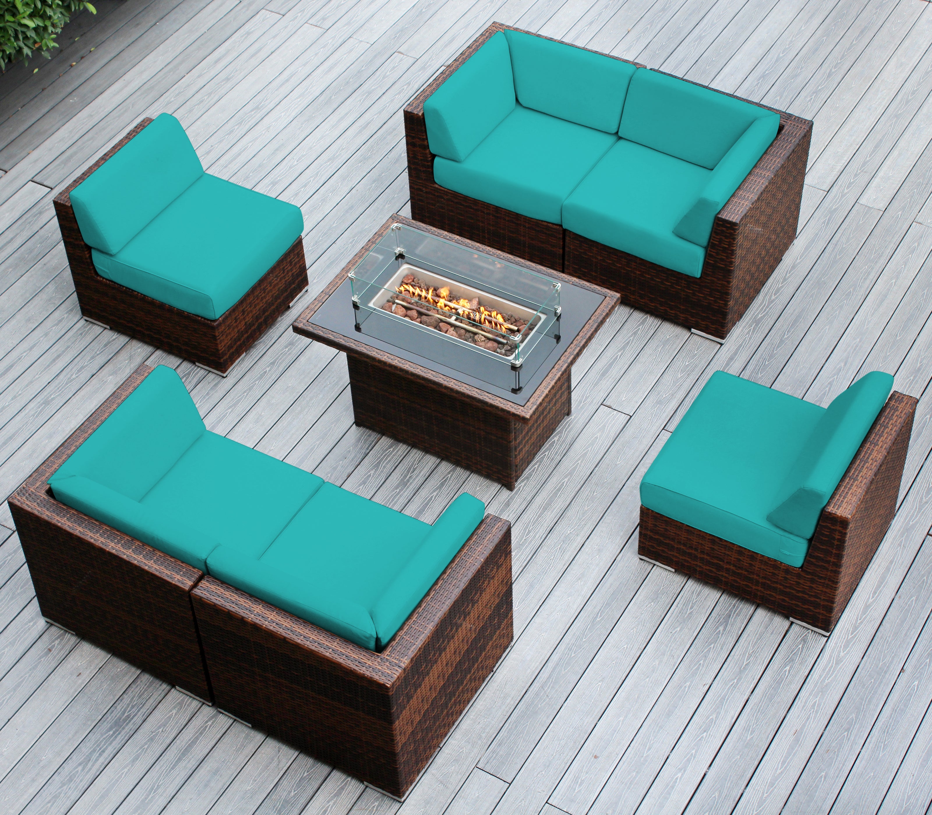 Rainshield Patio Furniture - Ohana 7 Piece Sectional with 6" Cushions and 42" Fire Table