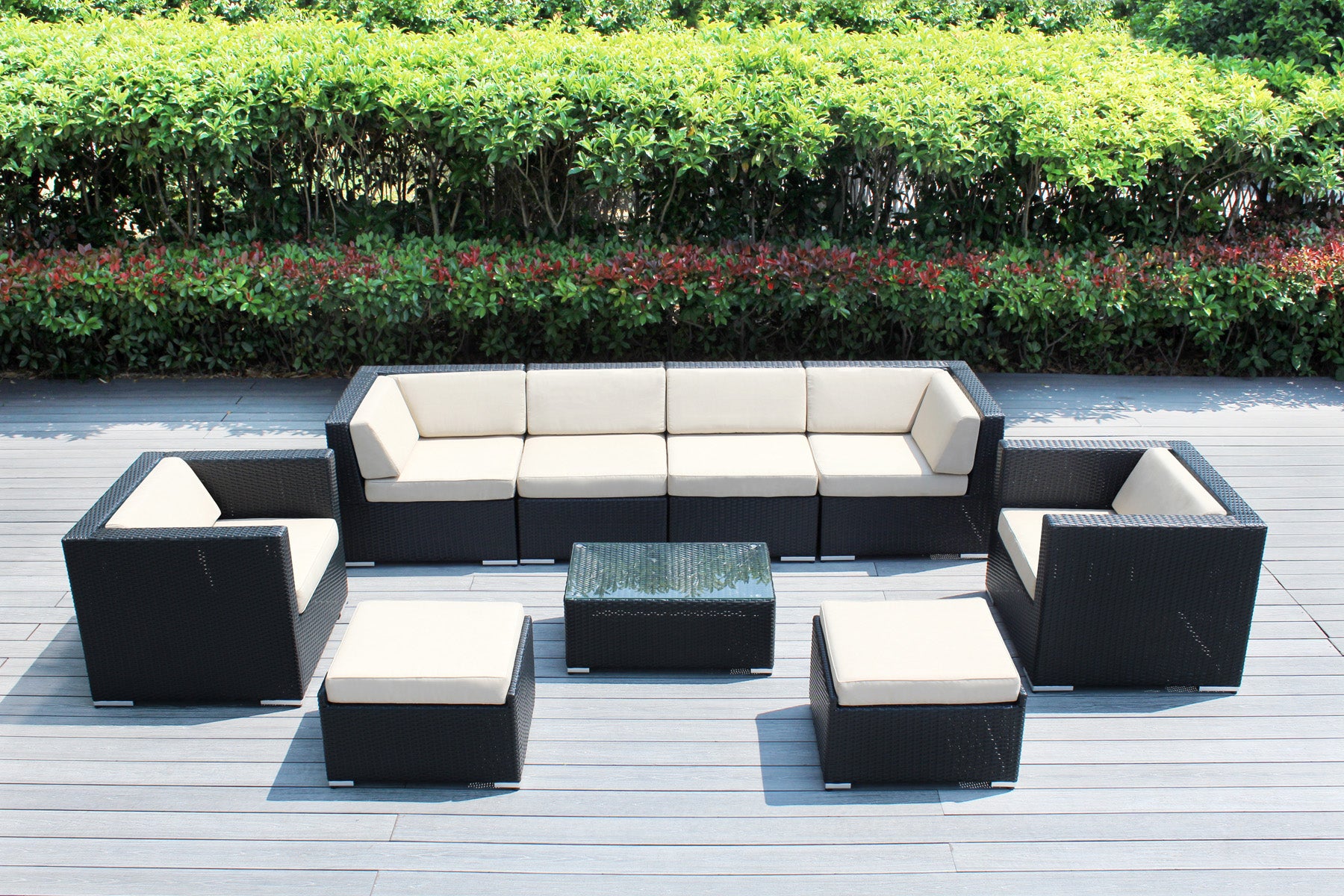 Fully Assembled Rainshield Patio Furniture - Ohana 9 Piece Sectional with Club Chairs and 6-inch Cushions