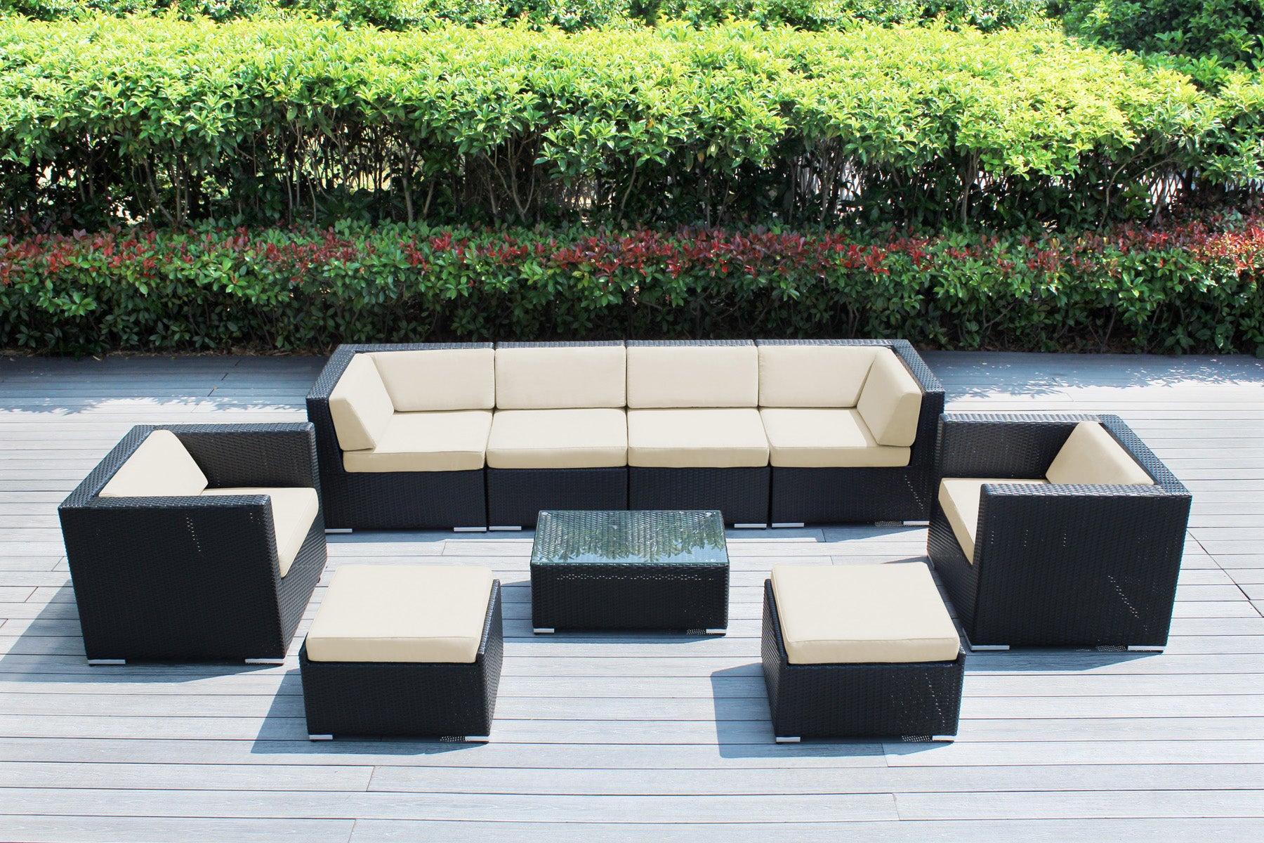 Fully Assembled Rainshield Patio Furniture - Ohana 9 Piece Sectional with Club Chairs and 6-inch Cushions