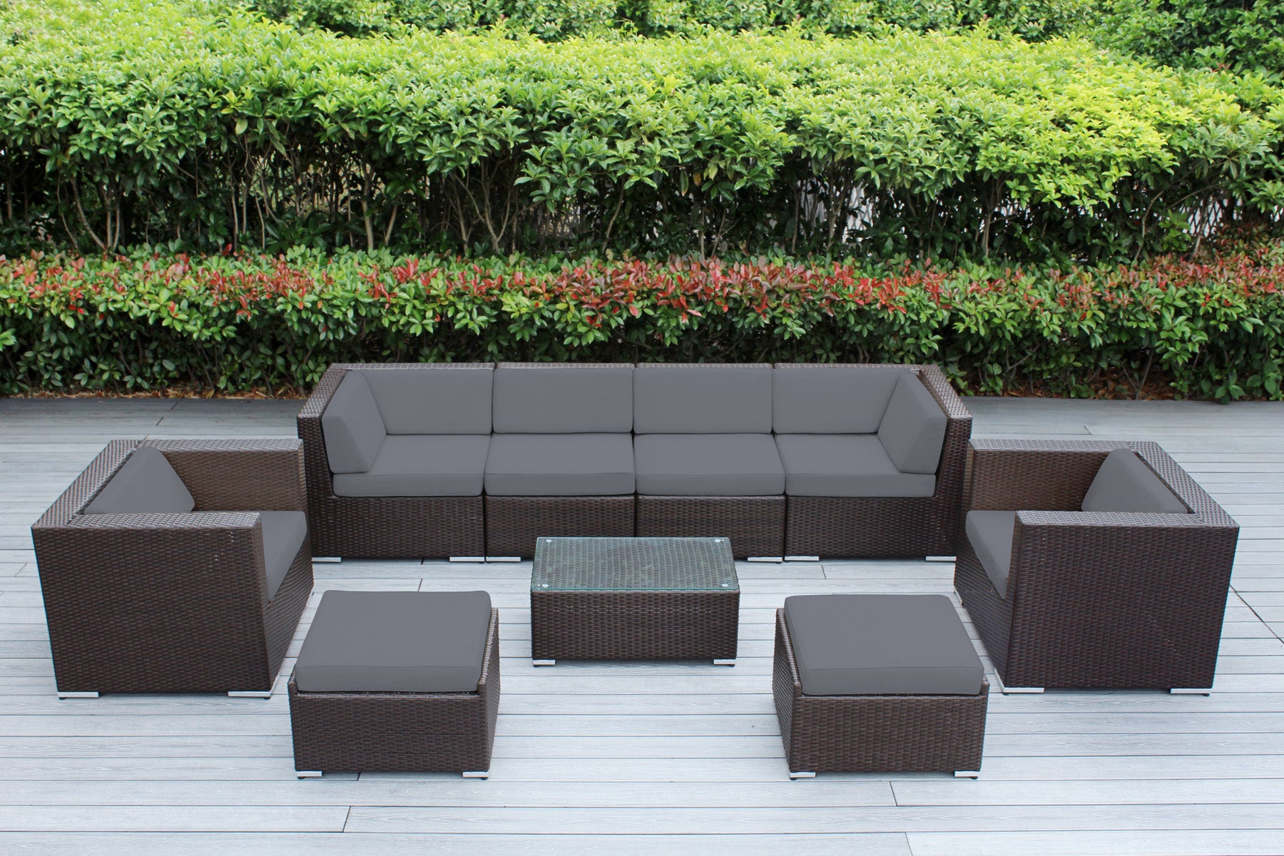 Fully Assembled Rainshield Patio Furniture - Ohana 9 Piece Sectional with Club Chairs and 6-inch Cushions