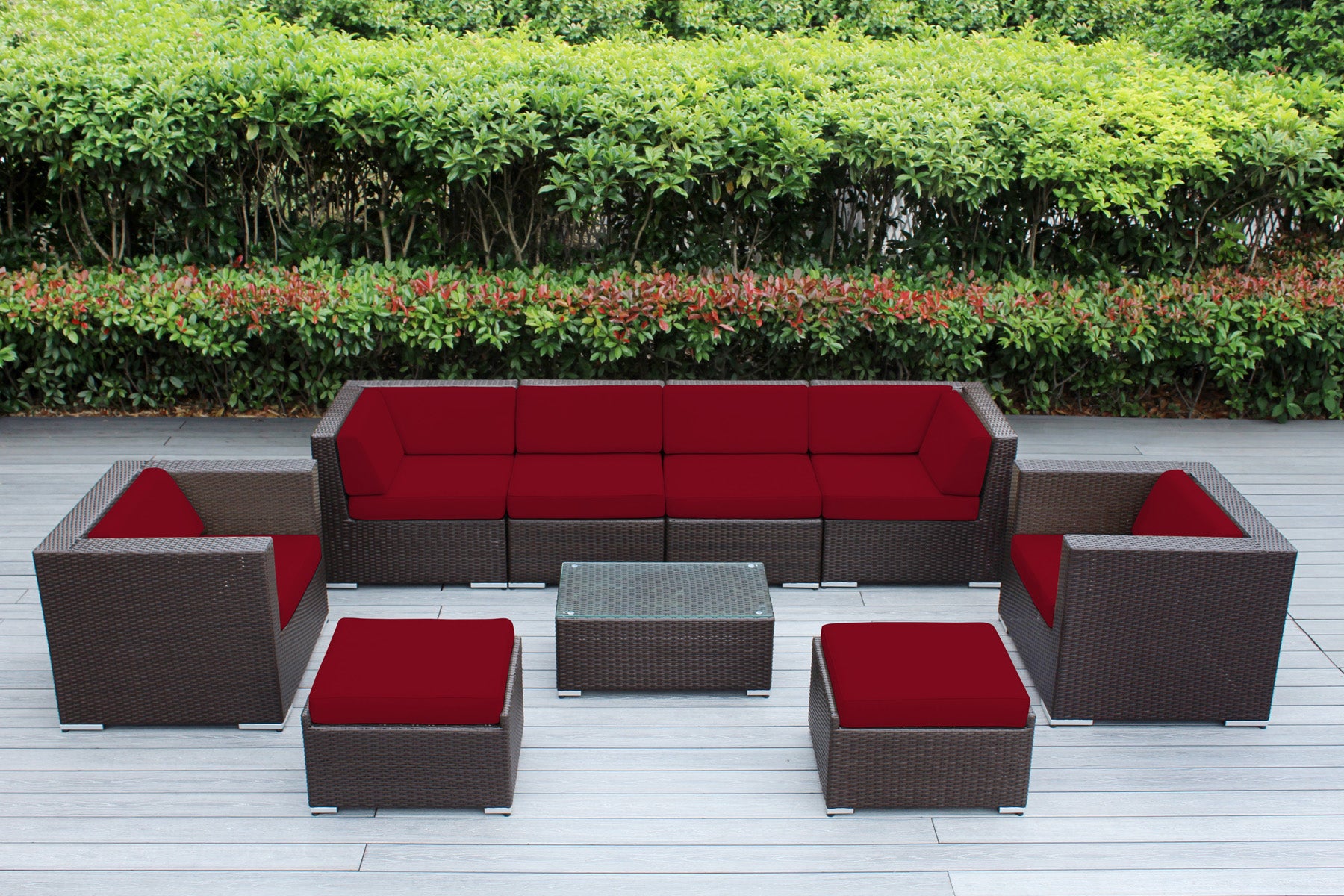 Fully Assembled Rainshield Patio Furniture - Ohana 9 Piece Sectional with Club Chairs and 6-inch Cushions