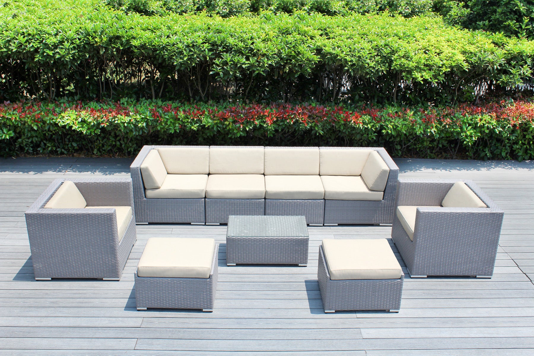 Fully Assembled Rainshield Patio Furniture - Ohana 9 Piece Sectional with Club Chairs and 6-inch Cushions
