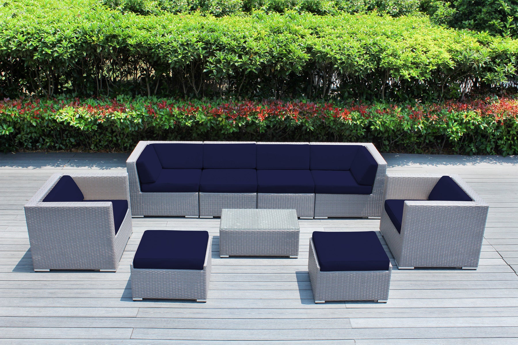 Fully Assembled Rainshield Patio Furniture - Ohana 9 Piece Sectional with Club Chairs and 6-inch Cushions