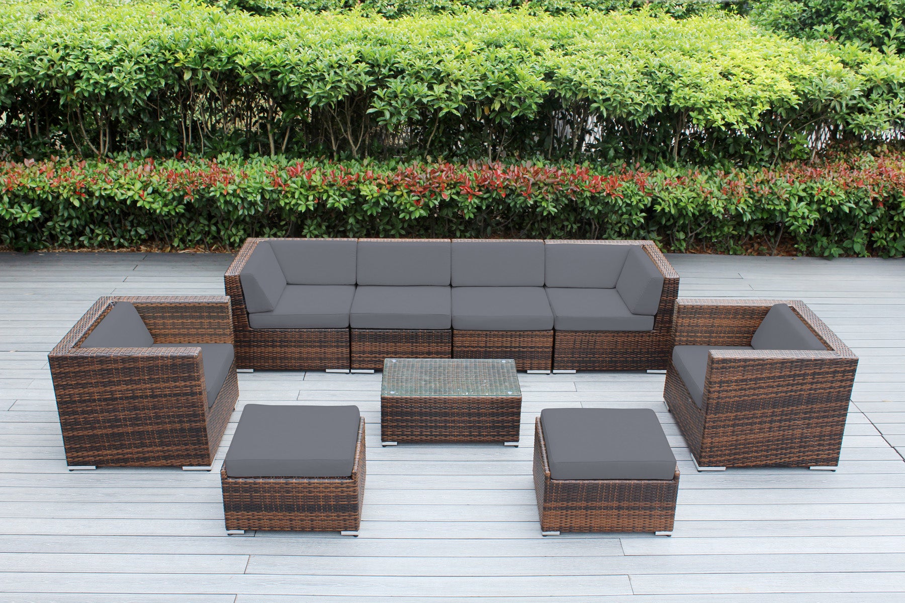 Fully Assembled Rainshield Patio Furniture - Ohana 9 Piece Sectional with Club Chairs and 6-inch Cushions