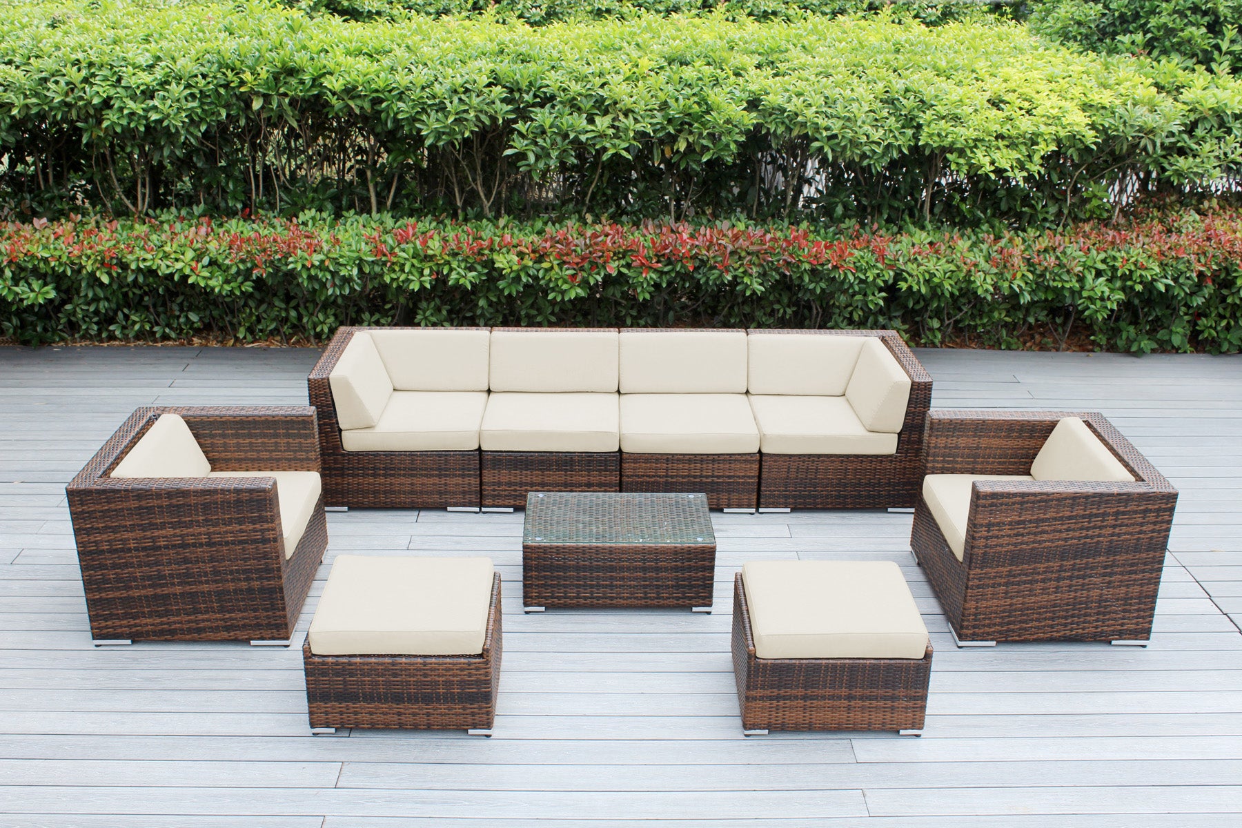 Fully Assembled Rainshield Patio Furniture - Ohana 9 Piece Sectional with Club Chairs and 6-inch Cushions