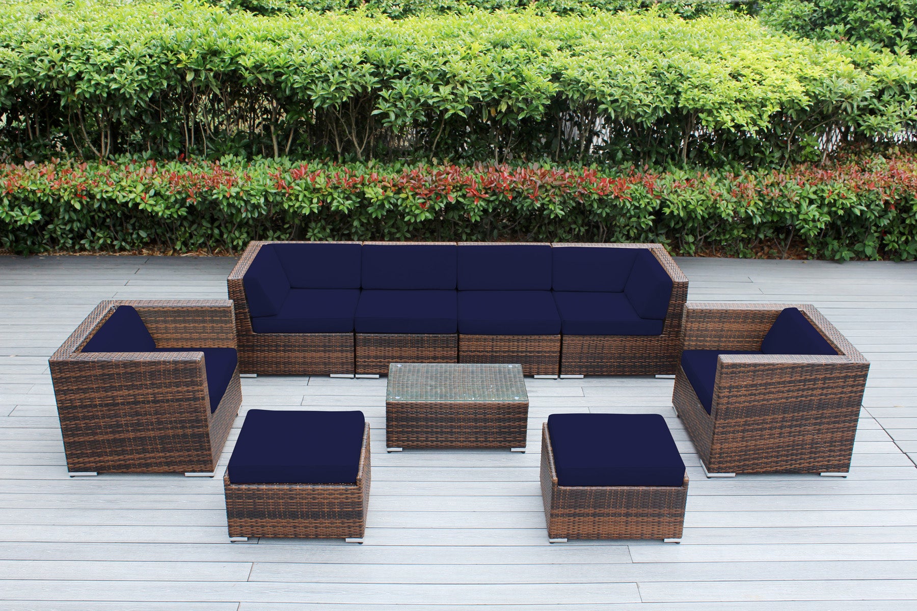 Fully Assembled Rainshield Patio Furniture - Ohana 9 Piece Sectional with Club Chairs and 6-inch Cushions
