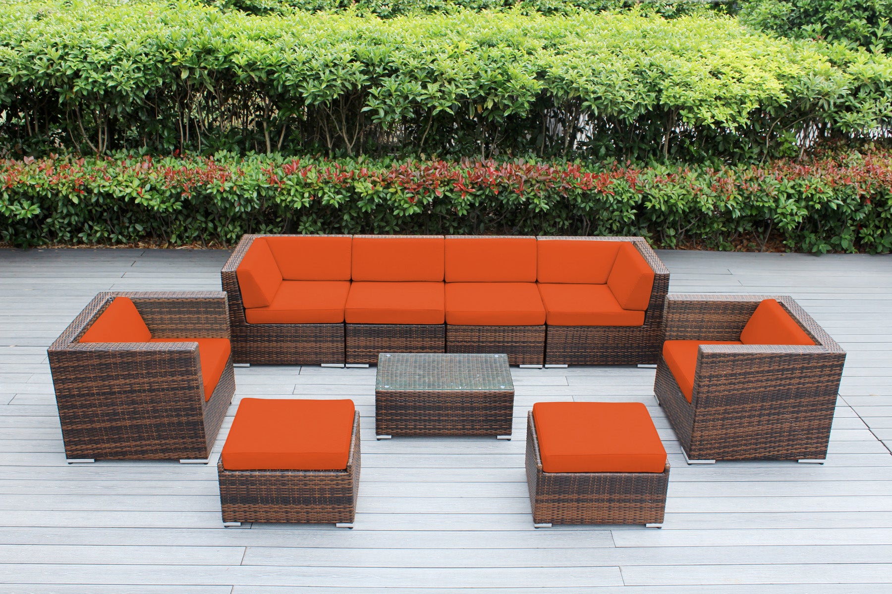 Fully Assembled Rainshield Patio Furniture - Ohana 9 Piece Sectional with Club Chairs and 6-inch Cushions