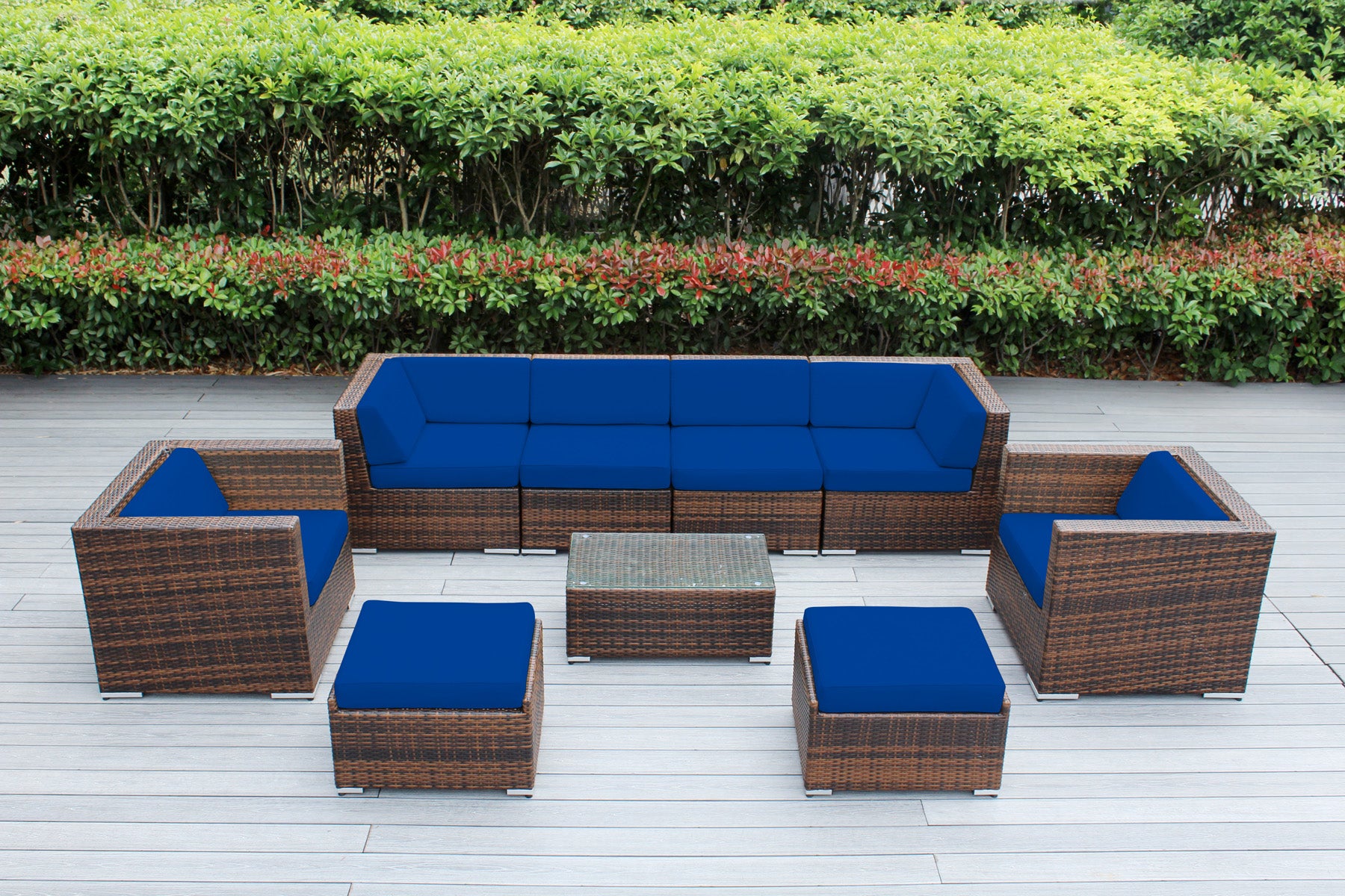 Fully Assembled Rainshield Patio Furniture - Ohana 9 Piece Sectional with Club Chairs and 6-inch Cushions