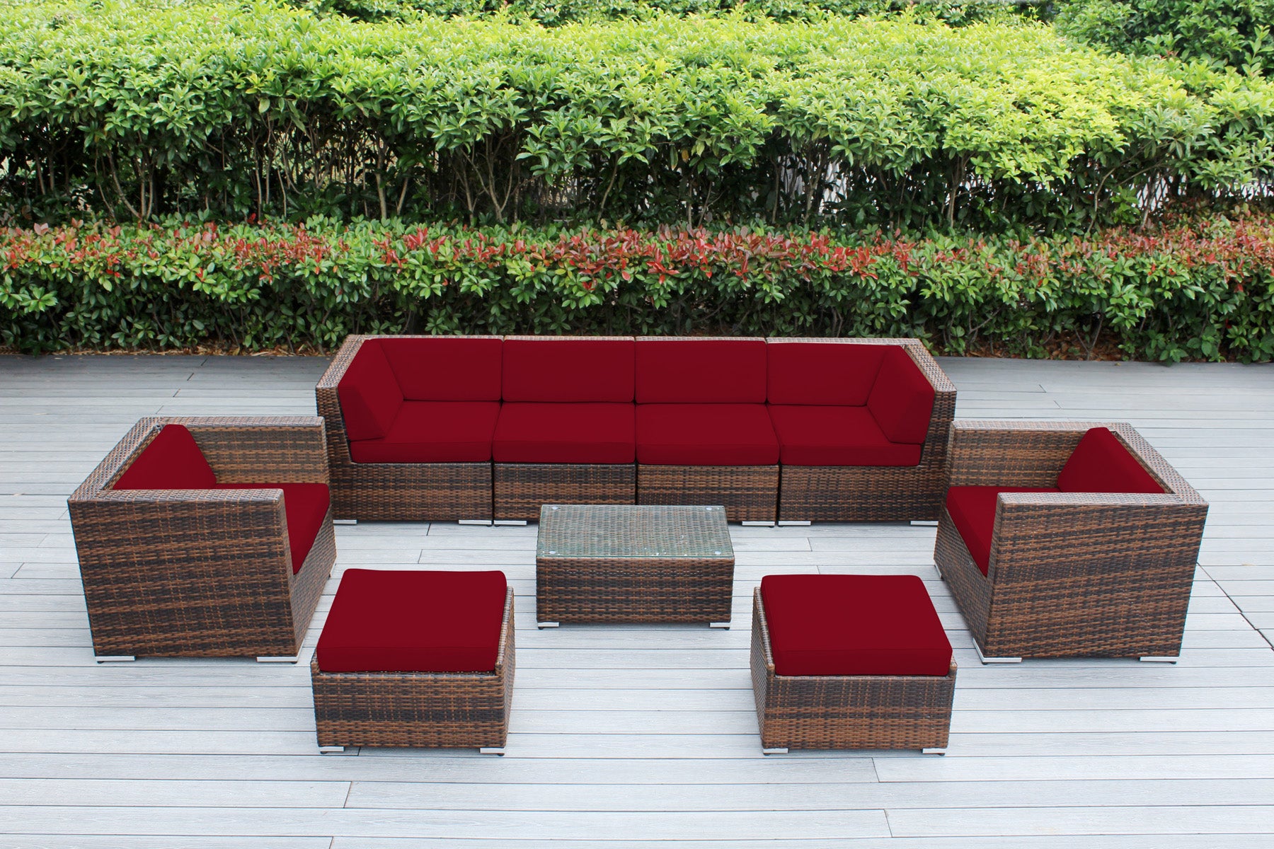 Fully Assembled Rainshield Patio Furniture - Ohana 9 Piece Sectional with Club Chairs and 6-inch Cushions