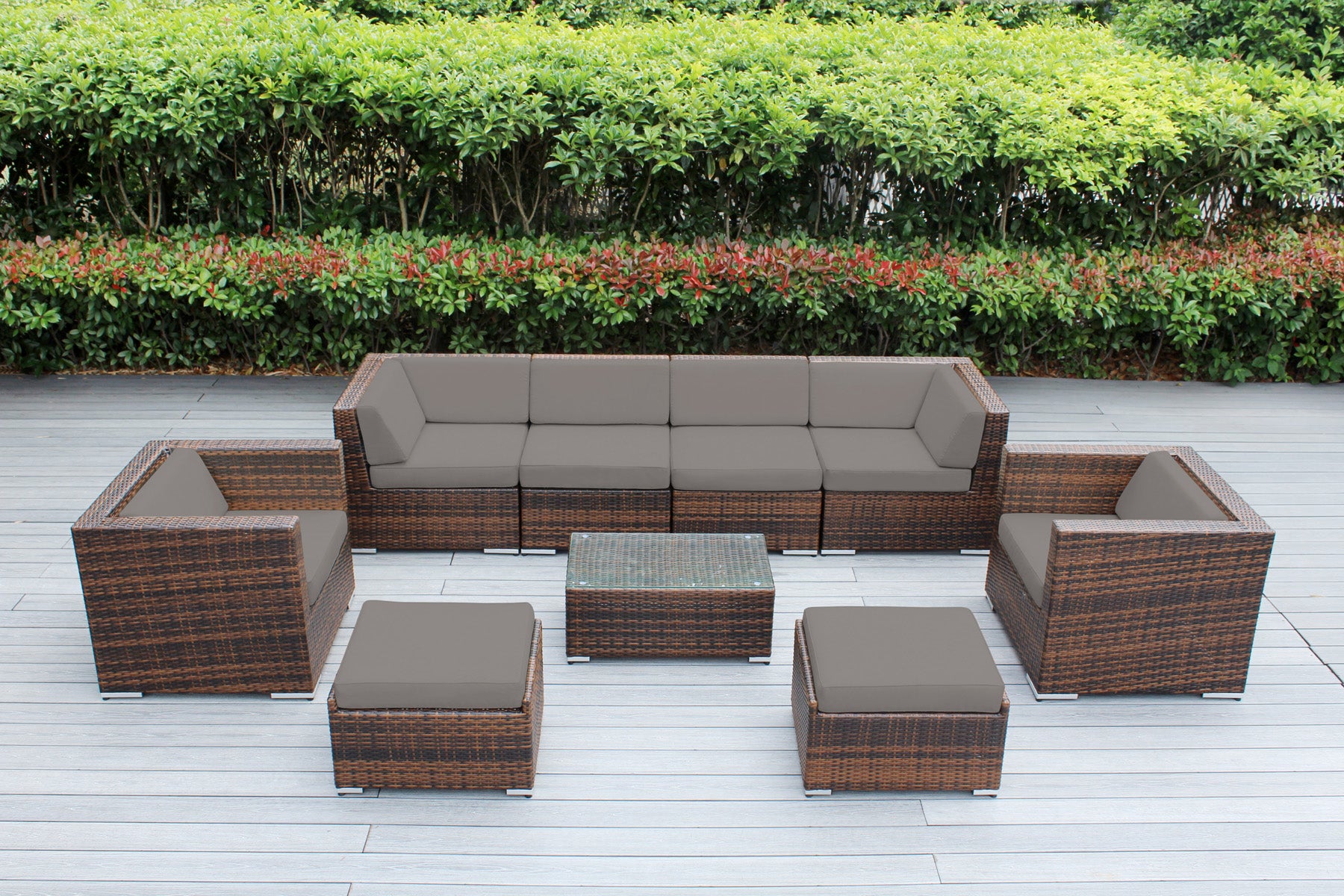 Fully Assembled Rainshield Patio Furniture - Ohana 9 Piece Sectional with Club Chairs and 6-inch Cushions