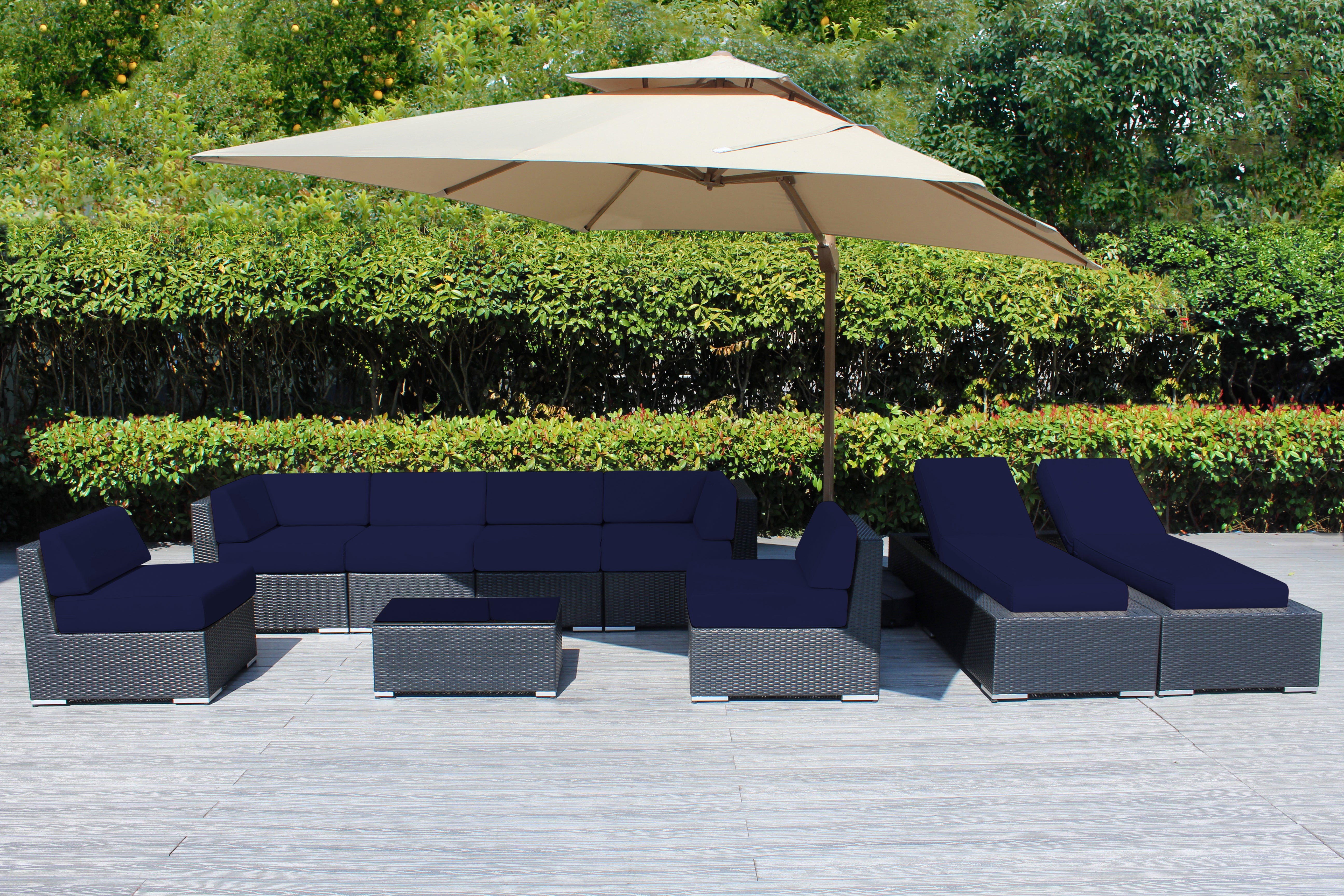 Fully Assembled Rainshield Patio Furniture - Ohana 9 Piece Outdoor Sectional and Chaise Lounge with 6-inch Cushions