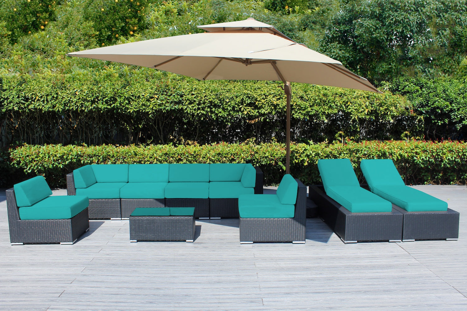 green umbrella patio set up sectional Fully Assembled Rainshield Patio furniture 9 piece deep seating sofa, chaise lounge with 6 inch Water protection cushion