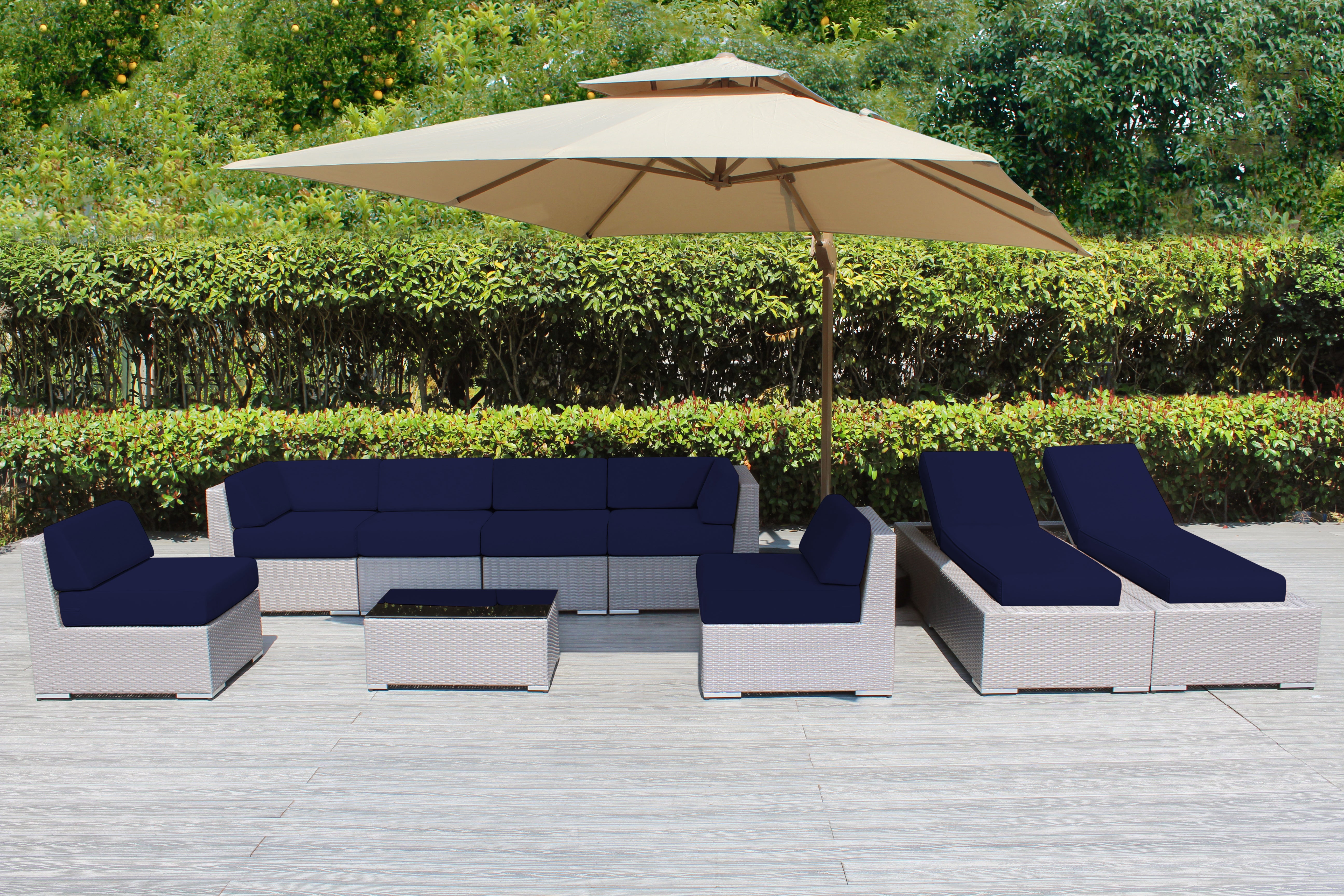 Fully Assembled Rainshield Patio Furniture - Ohana 9 Piece Outdoor Sectional and Chaise Lounge with 6-inch Cushions