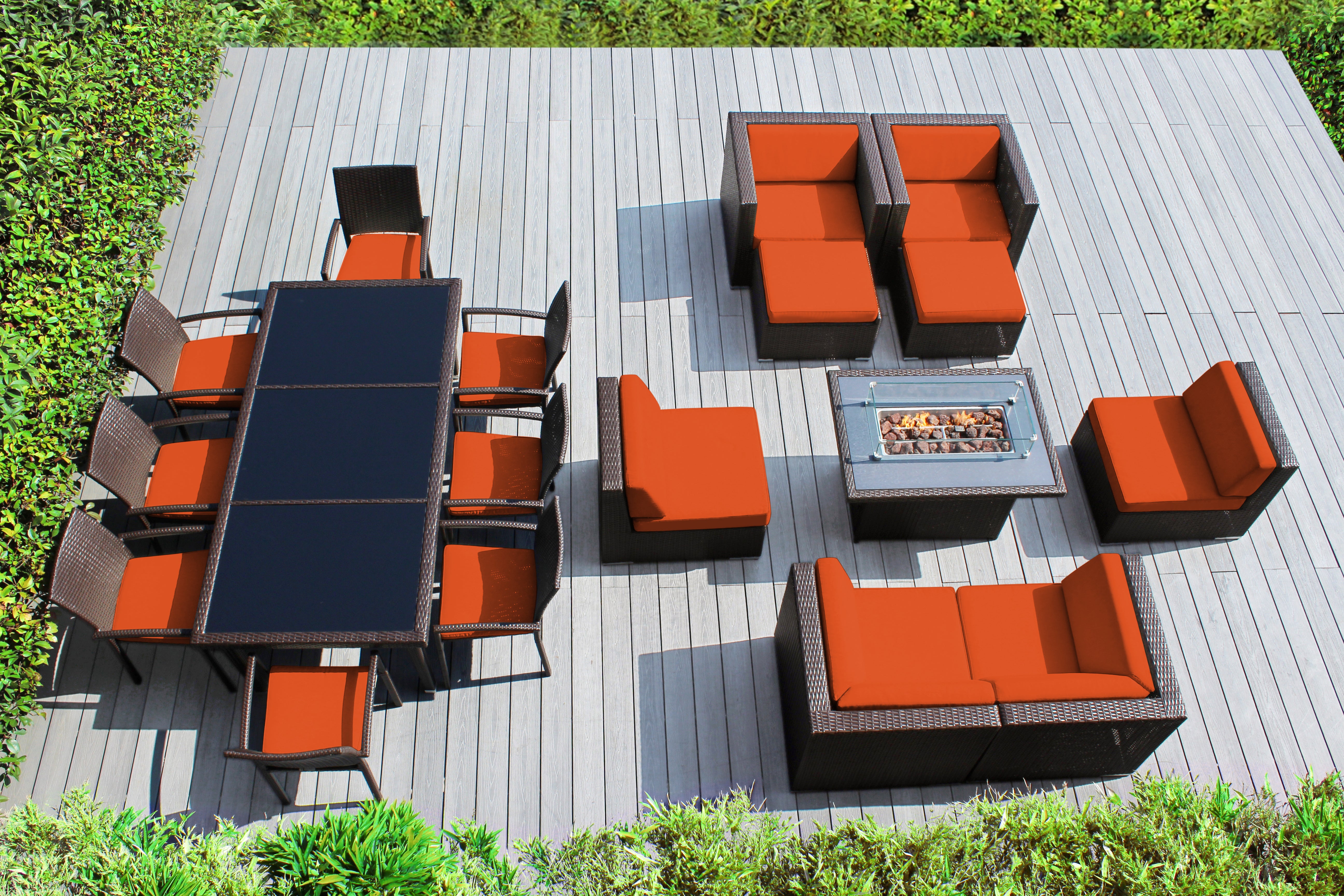 Rainshield Patio Furniture -  18 Piece Combination Set with Seating, Dining and 42" Fire Table