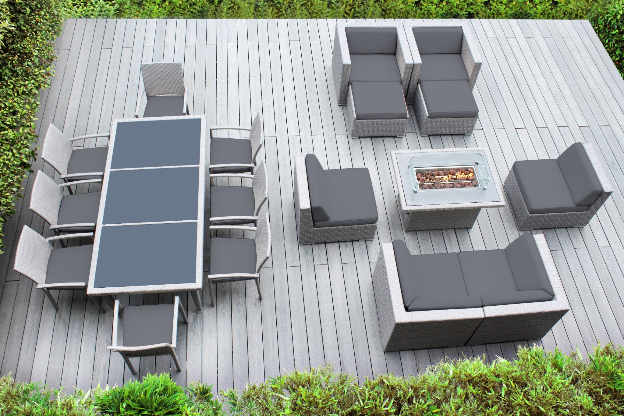 Rainshield Patio Furniture -  18 Piece Combination Set with Seating, Dining and 42" Fire Table