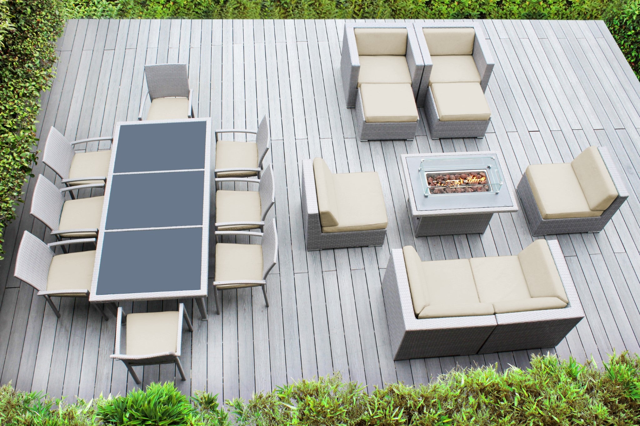 Rainshield Patio Furniture -  18 Piece Combination Set with Seating, Dining and 42" Fire Table