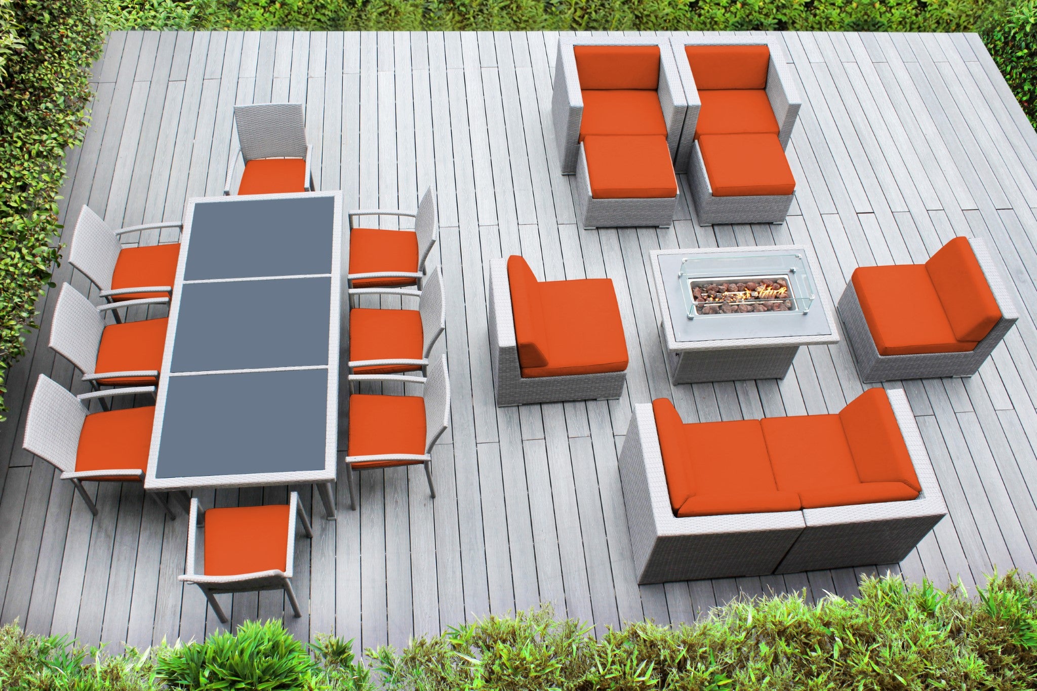 Rainshield Patio Furniture -  18 Piece Combination Set with Seating, Dining and 42" Fire Table