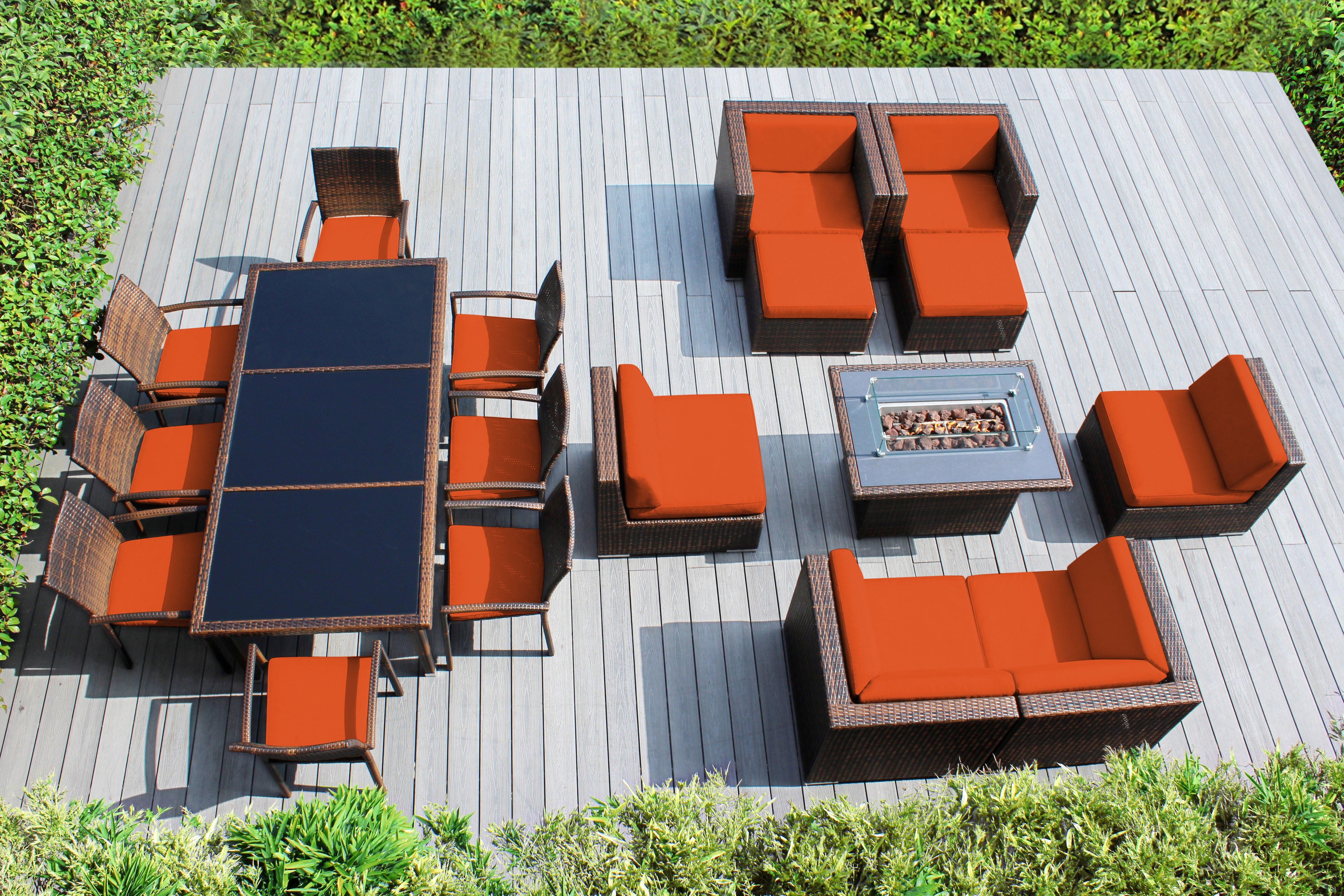 Rainshield Patio Furniture -  18 Piece Combination Set with Seating, Dining and 42" Fire Table