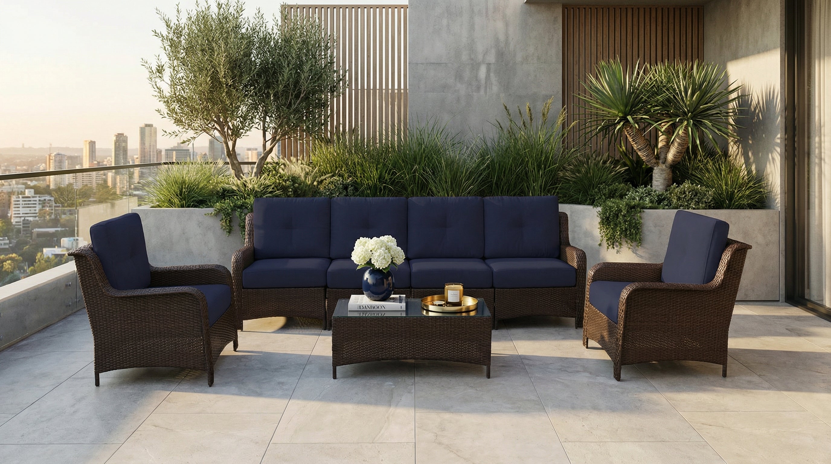 Fully Assembled Rainshield Patio Furniture - Summit 7-Piece High-Back Seating Set with Armchairs and 6" RainShield Cushions