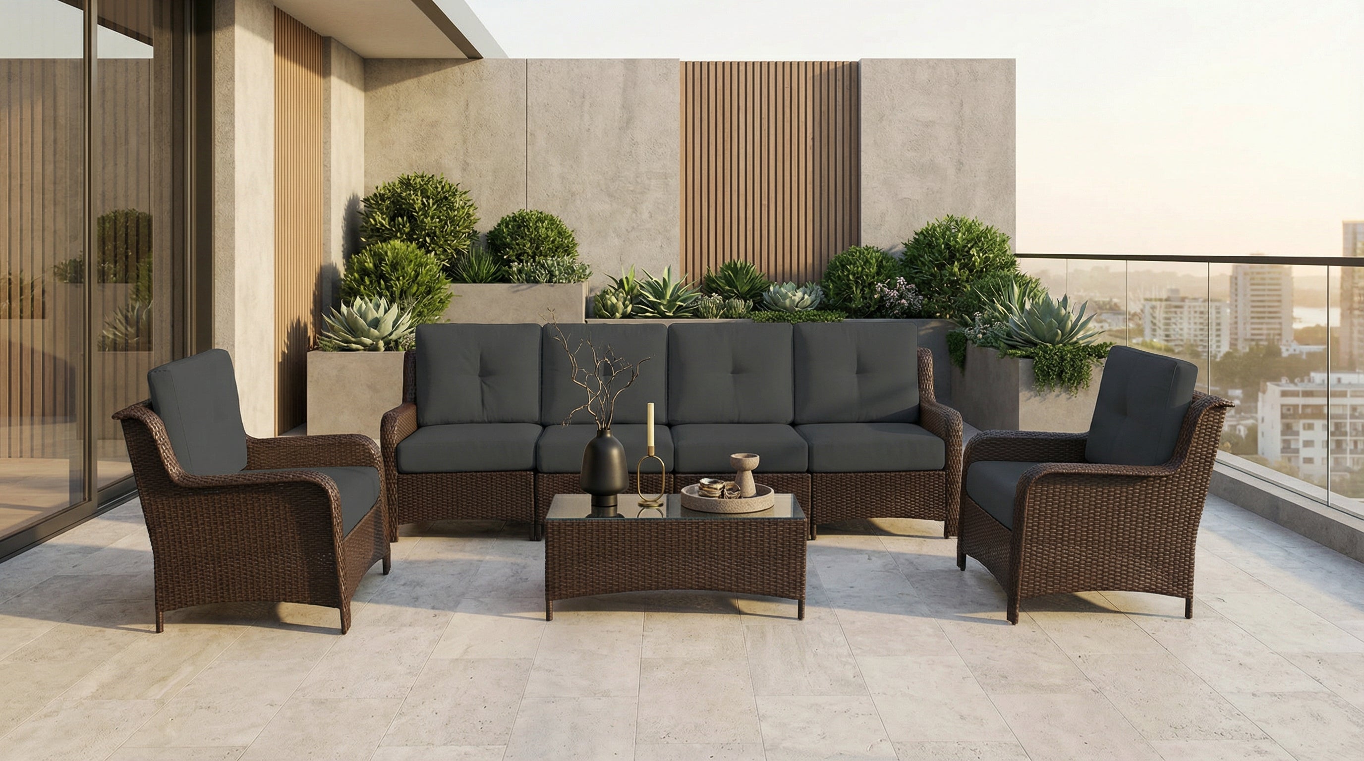 Fully Assembled Rainshield Patio Furniture - Summit 7-Piece High-Back Seating Set with Armchairs and 6" RainShield Cushions