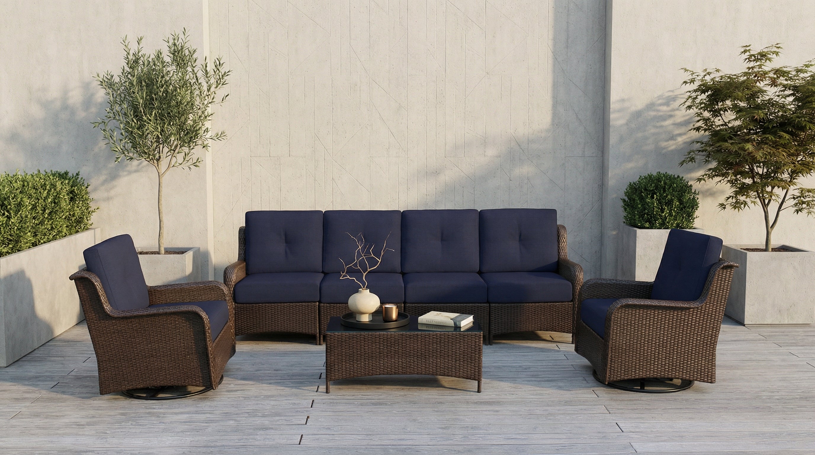 Fully Assembled Rainshield Patio Furniture - Summit 7-Piece High-Back Swivel Seating Set with 6" RainShield Cushions