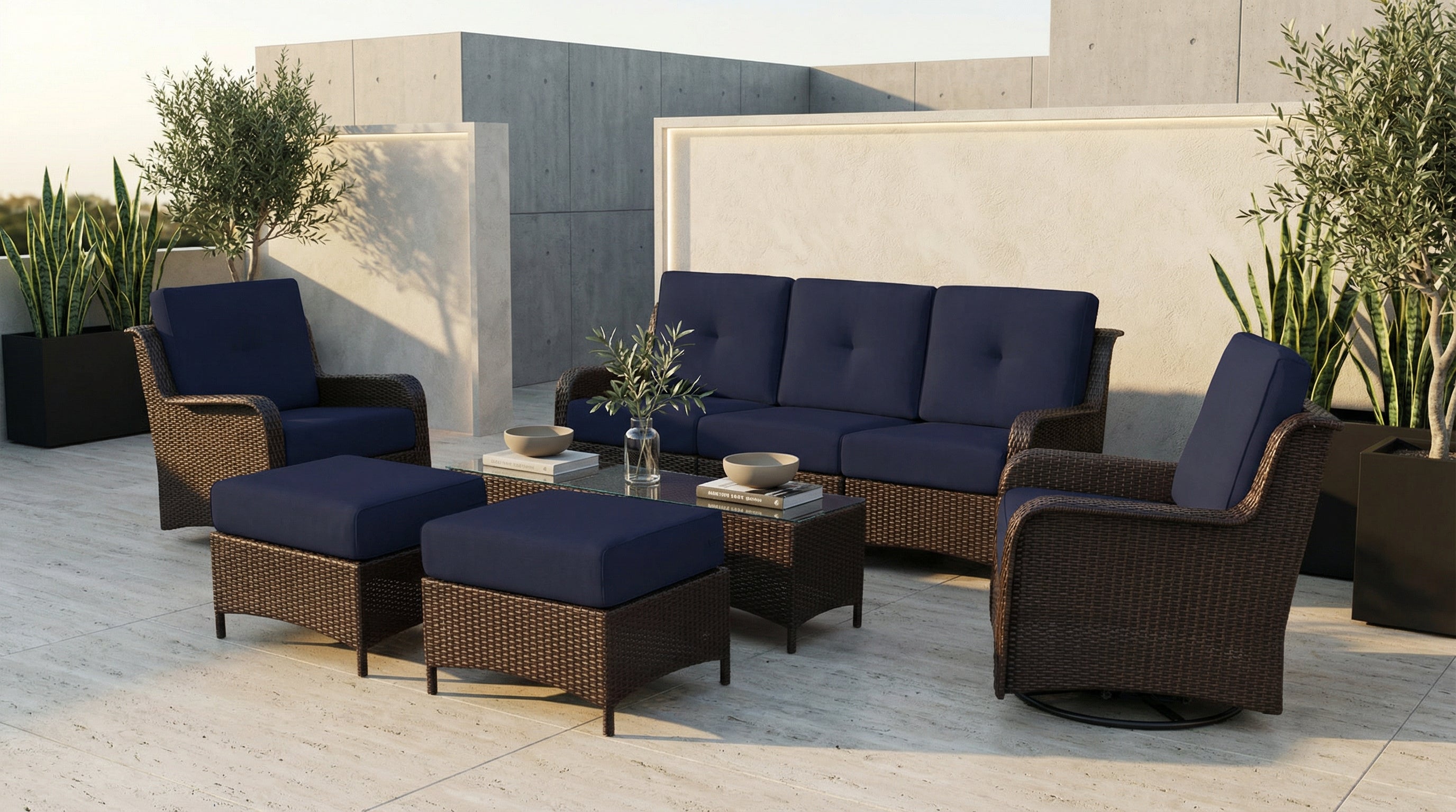 Fully Assembled Rainshield Patio Furniture - Summit 8-Piece High-Back Swivel Seating Set with 6" RainShield Cushions