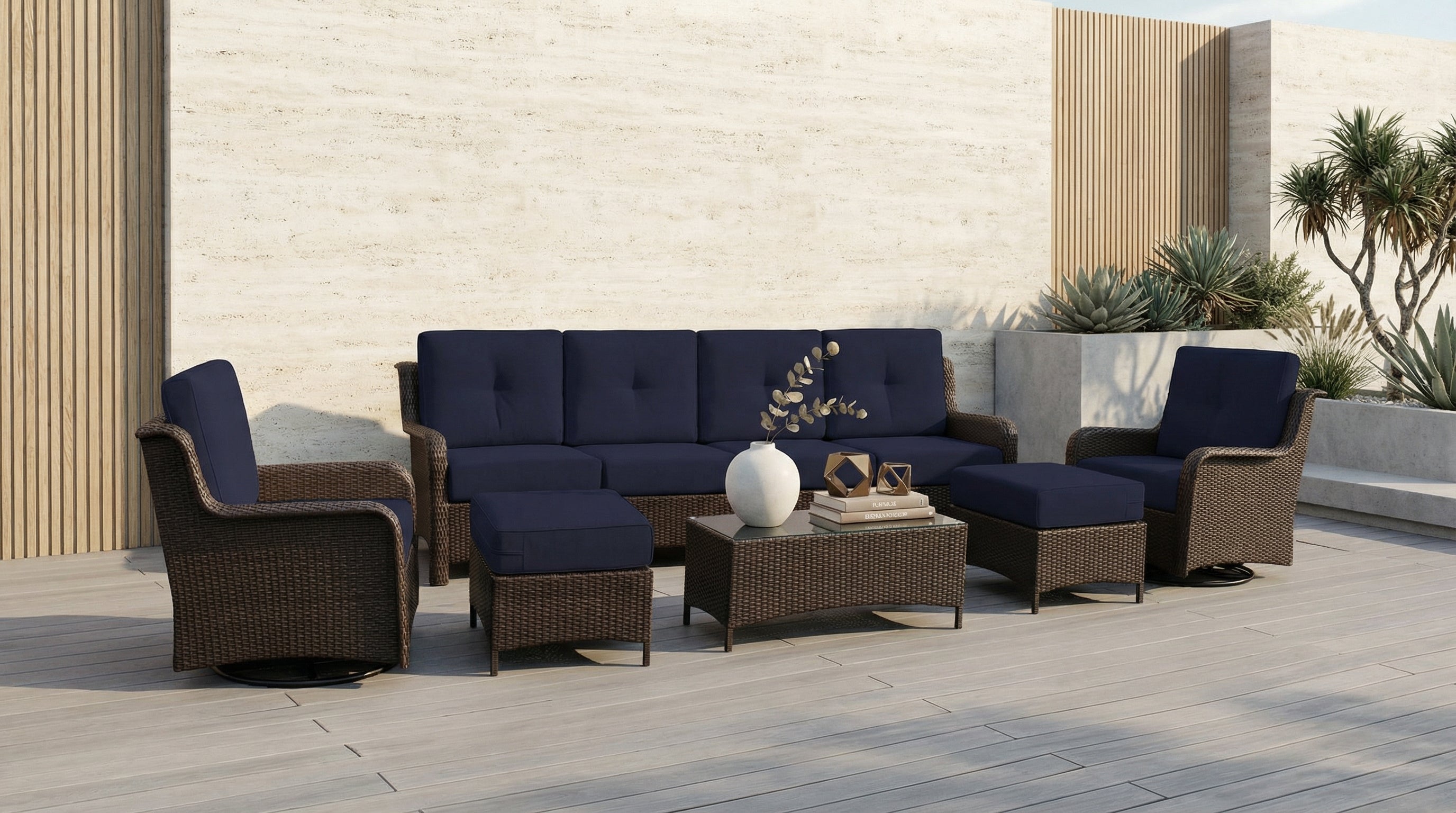 Fully Assembled Rainshield Patio Furniture - Summit 9-Piece High-Back Swivel Seating Set with 6" RainShield Cushions