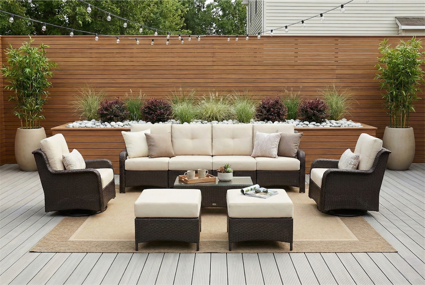 Fully Assembled Rainshield Patio Furniture - Summit 9-Piece High-Back Swivel Seating Set with 6" RainShield Cushions