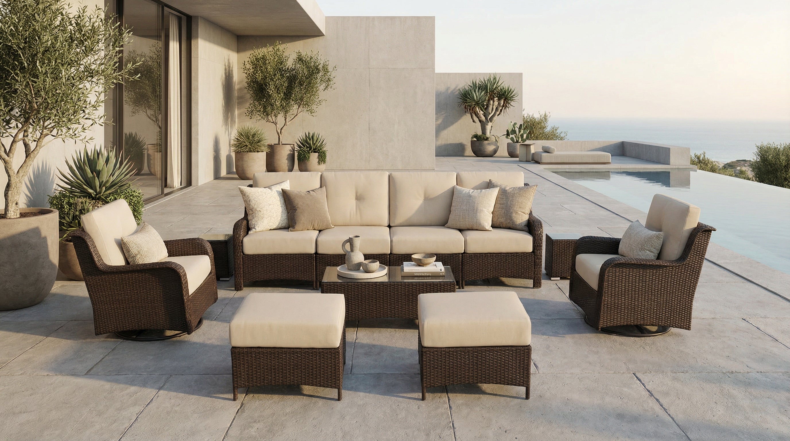 Fully Assembled Rainshield Patio Furniture - Summit 11-Piece High-Back Swivel Seating Set with 6" RainShield Cushions