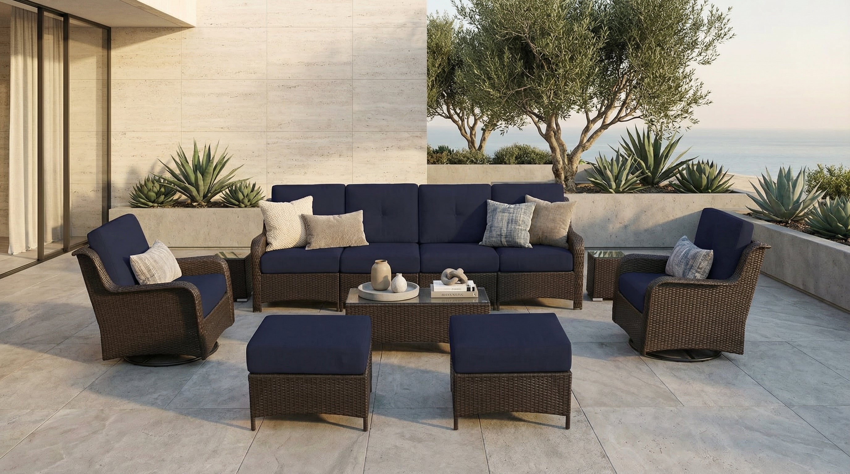 Fully Assembled Rainshield Patio Furniture - Summit 11-Piece High-Back Swivel Seating Set with 6" RainShield Cushions