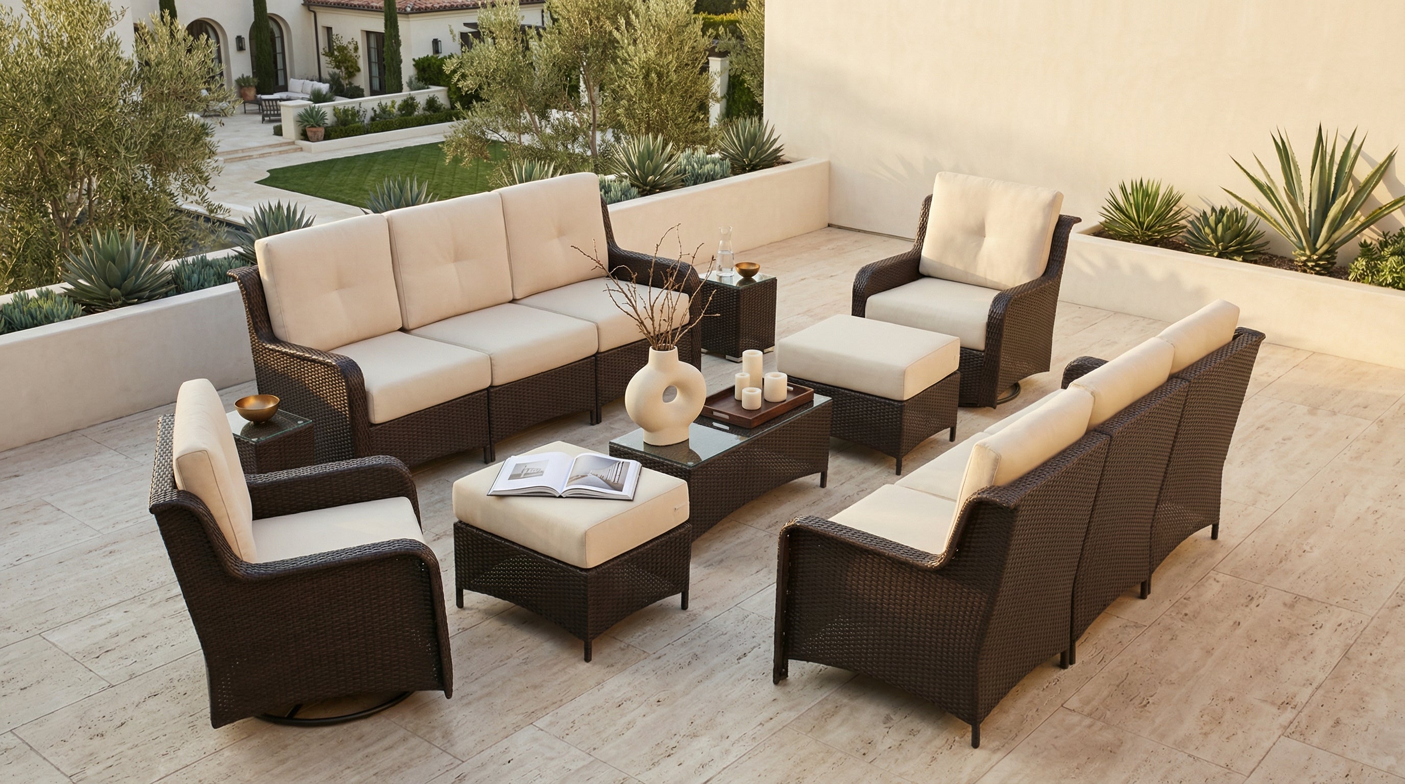 Fully Assembled Rainshield Patio Furniture - Summit 13-Piece High-Back Swivel Seating Set with 6" RainShield Cushions