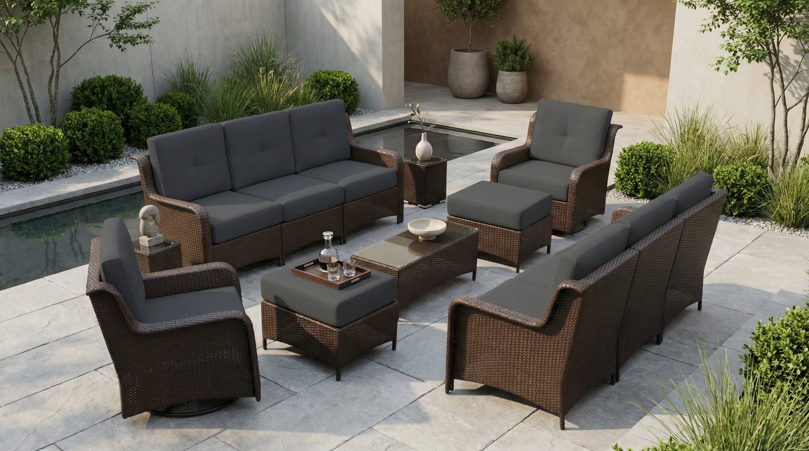 Fully Assembled Rainshield Patio Furniture - Summit 13-Piece High-Back Swivel Seating Set with 6" RainShield Cushions