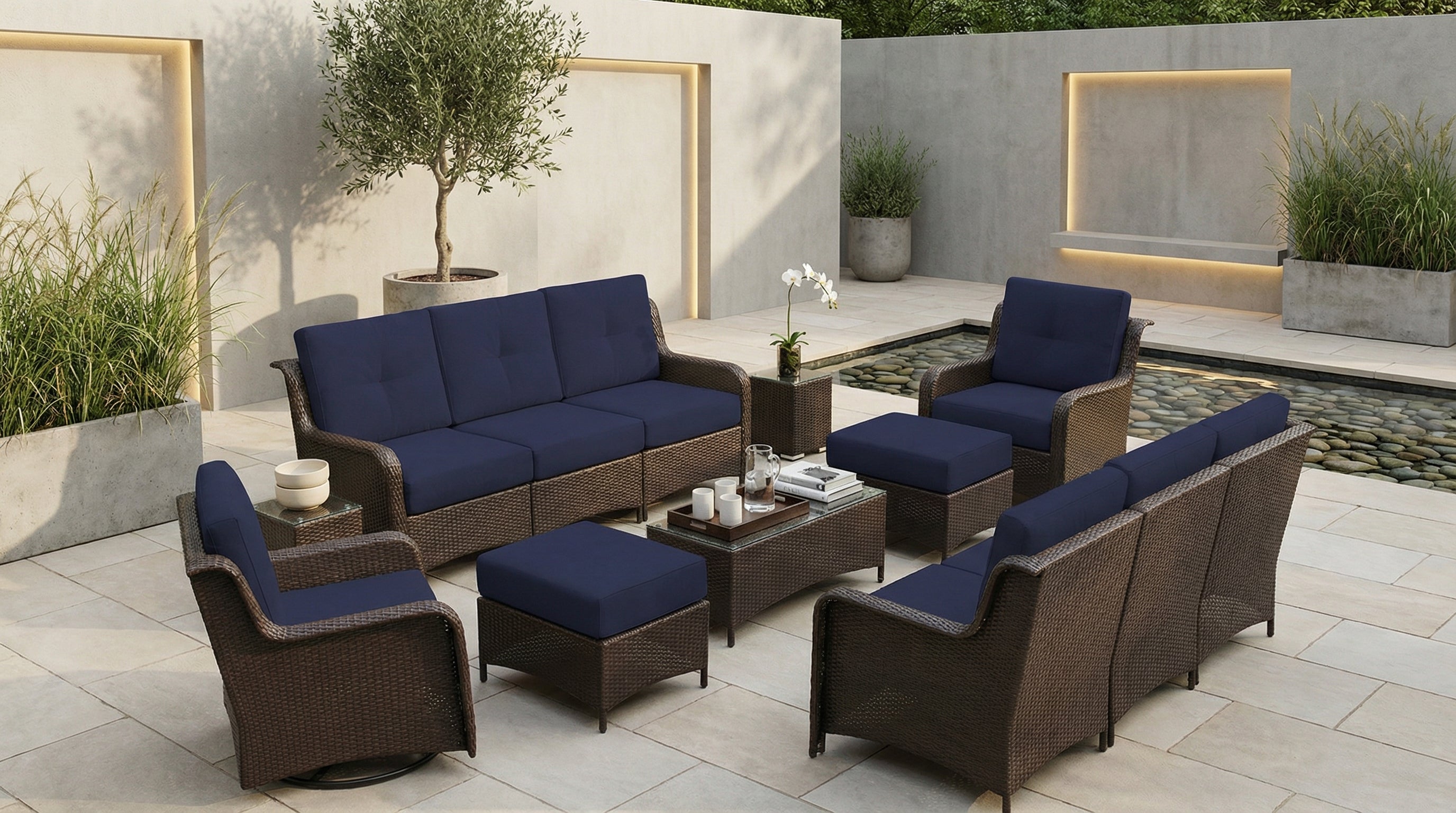 Fully Assembled Rainshield Patio Furniture - Summit 13-Piece High-Back Swivel Seating Set with 6" RainShield Cushions